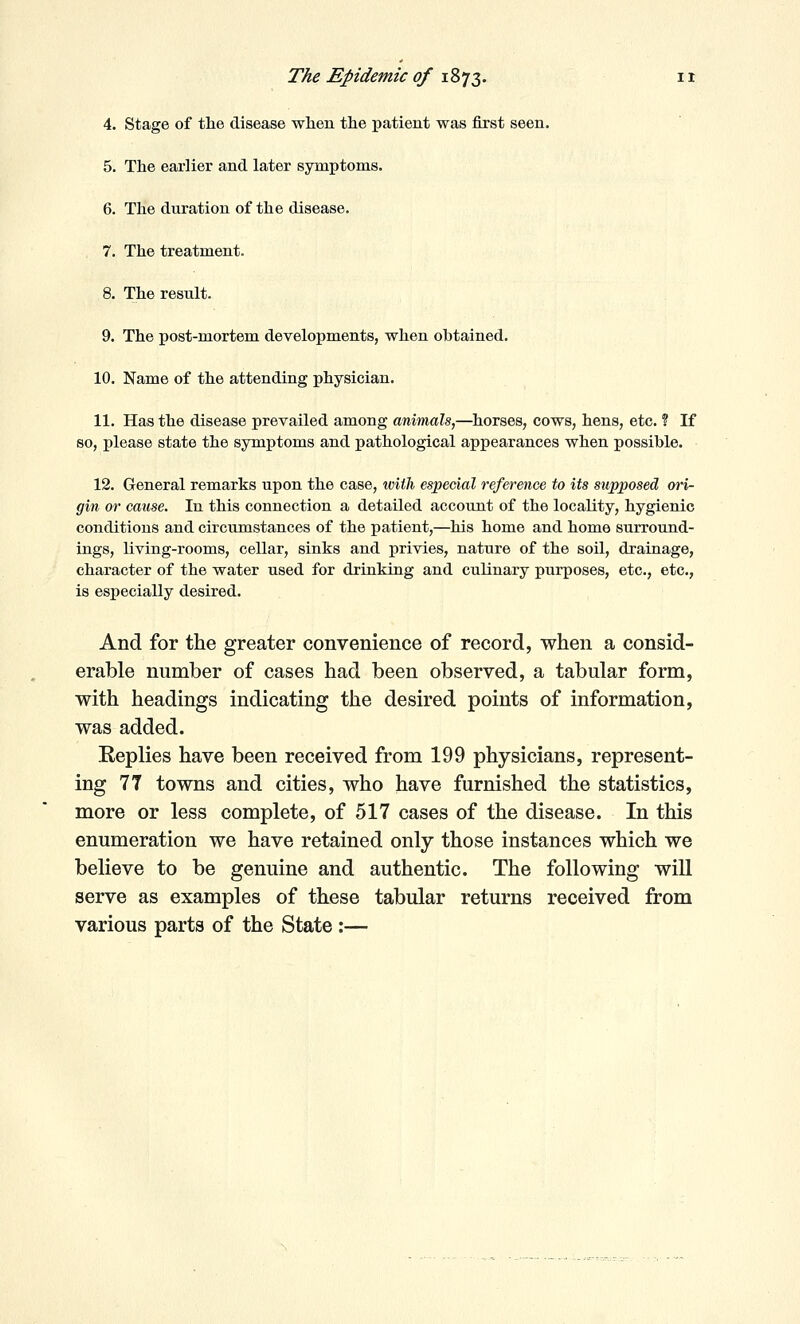 4. Stage of the disease when the iiatient was first seen. 5. The earlier and later symptoms. 6. The duration of the disease. 7. The treatment. 8. The result. 9. The post-mortem developments, when obtained. 10. Name of the attending physician. 11. Has the disease prevailed among animals,—horses, cows, hens, etc. ? If so, please state the symptoms and pathological appearances when possible. 12. General remarks upon the case, ivith espedal reference to its supposed ori- gin or cause. In this connection a detailed account of the locality, hygienic conditions and circumstances of the patient,—his home and home surround- ings, living-rooms, cellar, sinks and privies, nature of the soil, drainage, character of the water used for drinking and culinary purposes, etc., etc., is especially desired. And for the greater convenience of record, when a consid- erable number of cases had been observed, a tabular form, with headings indicating the desired points of information, was added. Replies have been received from 199 physicians, represent- ing 77 towns and cities, who have furnished the statistics, more or less complete, of 517 cases of the disease. In this enumeration we have retained only those instances which we believe to be genuine and authentic. The following will serve as examples of these tabular returns received from various parts of the State:—