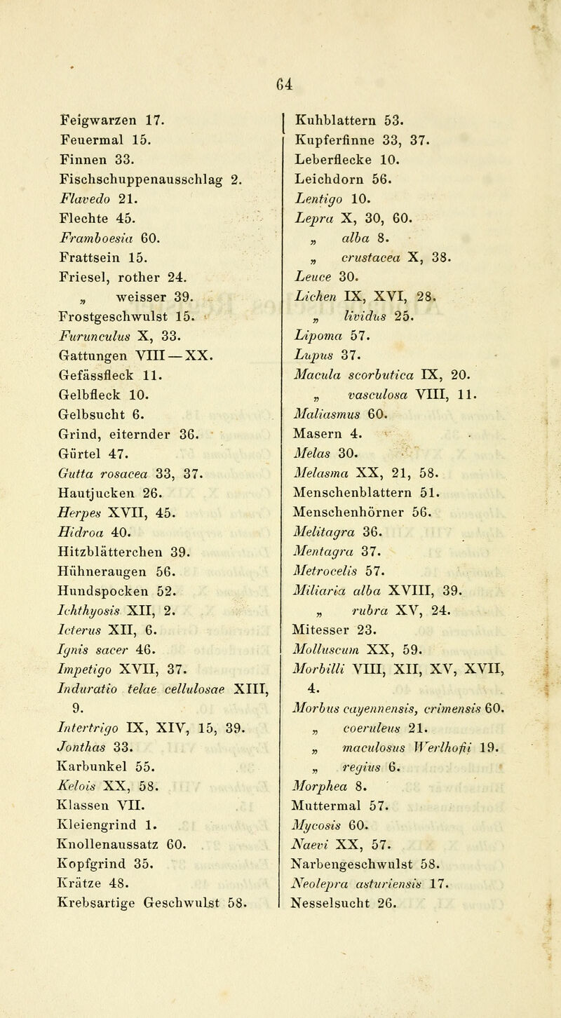 Feigwarzen 17. Feuermal 15. Finnen 33. Fischschuppenausschlag 2. Flavedo 21. Flechte 45. Framboesia 60. Frattsein 15. Friese], rother 24. „ weisser 39. Frostgeschwulst 15. Furunculus X, 33. Gattungen VIII — XX. Gefässfleck 11. Gelbfleck 10. Gelbsucht 6. Grind, eiternder 36. Gürtel 47. Gutta rosacea 33, 37. Hautjucken 26. Herpes XVII, 45. Hidroa 40. Hitzblätterchen 39. Hühneraugen 56. Hundspocken 52. Ichthyosis XII, 2. Icterus XII, 6. Ignis sacer 46. Impetigo XVII, 37. Induratio telae cellulosae XIII, 9. Intertrigo IX, XIV, 15, 39. Jonthas 33. Karbunkel 55. Ä?/ow XX, 58. Klassen VII. Kleiengrind 1. Knollenaussatz 60. Kopfgrind 35. Krätze 48. Krebsartige Geschwulst 58. Kuhblattern 53. Kupferfinne 33, 37. Leberflecke 10. Leichdorn 56. Lentigo 10. Lepra X, 30, 60. „ alba 8. „ crustacea X, 38. Leuce 30. Liehen IX, XVI, 28. „ lividiis 25. Lipoma 57. Lupus 37. Macida scorbutica IX, 20. „ vasculosa VIII, 11. Maliasmus 60. Masern 4. iJ/e/as 30. Melasma XX, 21, 58. Menschenblattern 51. Menschenhörner 56. Melitagra 36. Mentagra 37. Metrocelis 57. Miliaria alba XVIII, 39. rw&rä XV, 24. Mitesser 23. Molluscum XX, 59. IforW/Ä VIH, XII, XV, XVII, 4. Morbus cayennensis, crimensis 60. „ coerideus 21. „ macidosus Werlhofii 19. „ regius 6. Morphea 8. Muttermal 57. Mycosis 60. iVaew XX, 57. Narbengeschwulst 58. Neolepra asturiensis 17. Nesselsucht 26.