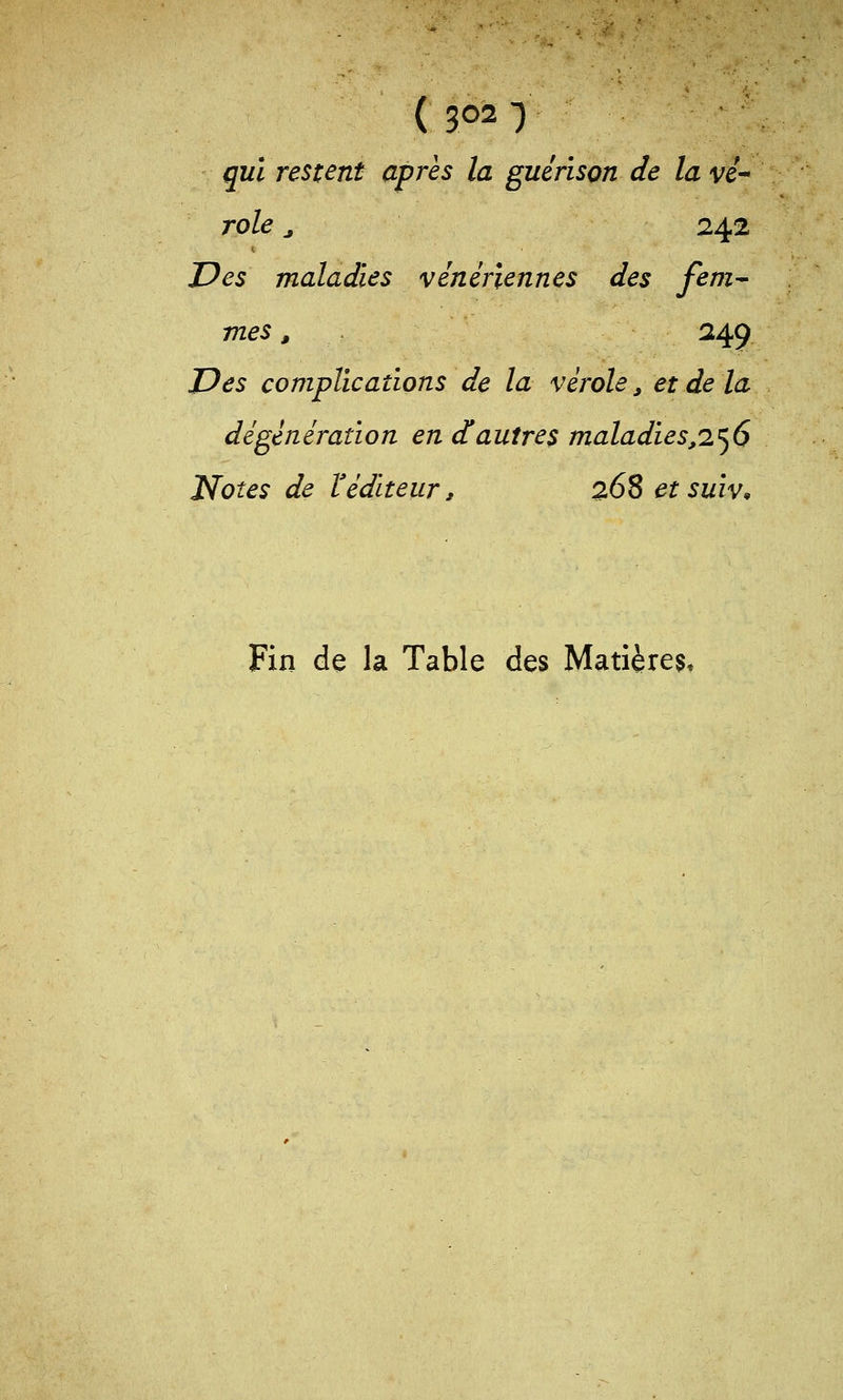 qui restent après la guérison de lavé rôle ^ 242 Des maladies vénériennes des fem^ mes, 249 JDes complications de la vérole ^ et de la dégénéraîion en d'autres maladies,i^6 Notes de l'éditeur, 268 et suiv. Fin de la Table des Matières,