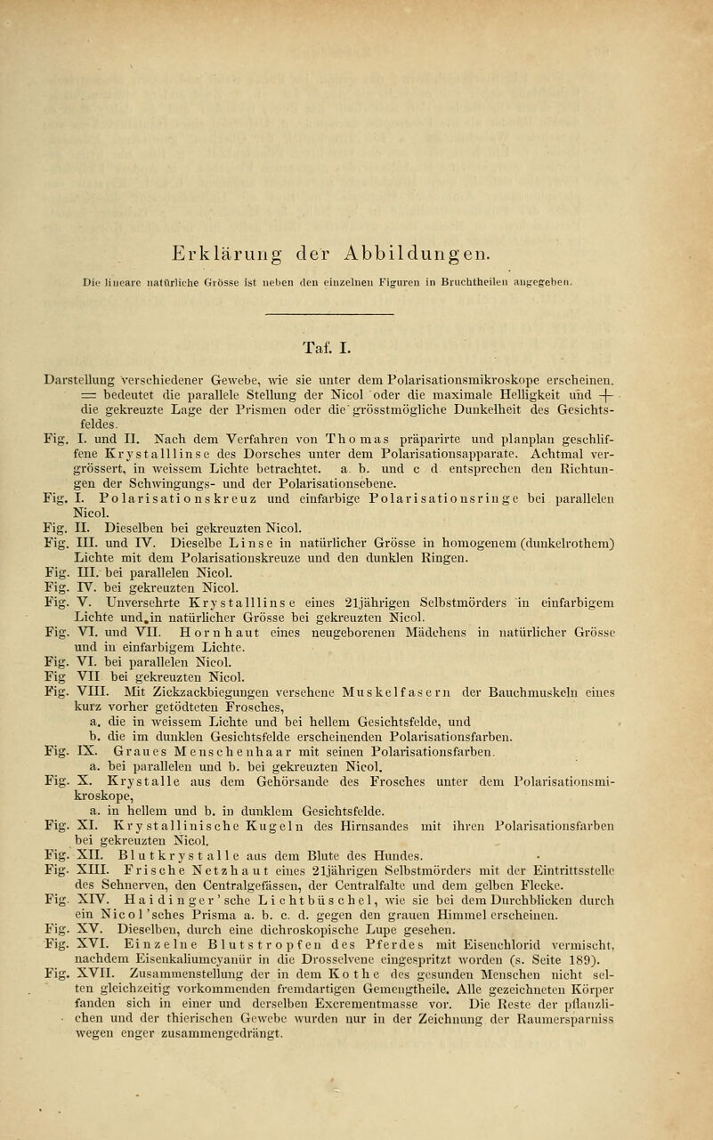 Erklärung der Abbildungen. Dit' Jiucare uatilrlielie Grösse ist neben den einzelnen Figuren in Bruclitheilen angegeben. Taf. I. Darstellung verschiedener Gewebe, wie sie unter dem Polarisationsmikroskope erscheinen. = bedeutet die parallele Stellung der Nicol oder die maximale Helligkeit und -j- die gekreuzte Lage der Prismen oder die'gtösstmögliche Dunkelheit des Gesichts- feldes. Fig. I. und II. Nach dem Verfahren von Thomas präparirte und plauplan geschlif- fene Krystalllinse des Dorsches unter dem Polarisationsapparate. Achtmal ver- grössert, in weissem Lichte betrachtet. a. b. und c d entsprechen den Richtun- gen der Schwingungs- und der Polarisationsebene. Fig. I. Po larisati 0 ns kr euz und einfarbige Polarisationsringe bei parallelen Nicol. Fig. II. Dieselben bei geki-euzten Nicol. Fig. III. und IV. Dieselbe Linse in natürlicher Grösse in homogenem (dunkelrothcm) Lichte mit dem Polarisationskreuze und den dunklen Ringen. Fig. III. bei parallelen Nicol. Fig. IV. bei gekreuzten Nicol. Fig. V. Unversehrte Krystalllinse eines 21jährigen Selbstmörders in einfarbigem Lichte und.in natürlicher Grösse bei geki-euzten Nicol. Fig. VI. und VII. Hornhaut eines neugeborenen Mädchens in natürlicher Grösse und in einfarbigem Lichte. Fig. VI. bei parallelen Nicol. Fig VII bei gekreuzten Nicol. Fig. VIII. Mit Zickzackbiegungeu versehene Muskelfasern der Bauchmuskeln eines kurz vorher getödteten Frosches, a, die in weissem Lichte und bei hellem Gesichtsfelde, und b. die im dunklen Gesichtsfelde erscheinenden Polarisationsfarben. Fig. IX. Graues Menschenhaar mit seinen Polarisationsfarben. a. bei parallelen und b. bei gekreuzten Nicol. Fig. X. Krystalle aus dem Gehörsande des Frosches unter dem Polarisationsmi- kroskope, a. in hellem und b. in dunklem Gesichtsfelde. Fig. XL Kr y st allinische Kugeln des Hirnsandes mit ihren Polarisationsfarben bei gekreuzten Nicol. Fig. XII. Blutkrystalle aus dem Blute des Hundes. Fig. XIII. Frische Netzhaut eines 21jährigßn Selbstmörders mit der Eintrittsstelle des Sehnerven, den Centralgefässen, der Centralfalte und dem gelben Flecke. Fig. XIV. Ha i di n ger ' sehe Lichtbüschel, wie sie bei dem Durchblicken durch ein Nicol'sches Prisma a. b. c. d. gegen den grauen Himmel erscheinen. Fig. XV. Dieselben, durch eine dichroskopische Lupe gesehen. Fig. XVI. Einzelne Blutstropfen des Pferdes mit Eisenchlorid vermischt, nachdem Eisenkaliumcyanür in die Drosselvene eingespritzt worden (s. Seite 189). Fig. XVII. Zusammenstellung der in dem Kothe des gesunden Menschen nicht sel- ten gleichzeitig vorkommenden fremdartigen Gemengtheile. Alle gezeichneten Körper fanden sich in einer und derselben Excrementmasse vor. Die Reste der pÜair/li- • eben und der thierischen Gewebe wurden nur in der Zeichnung der Raumersparniss wegen enger zusammengedrängt.