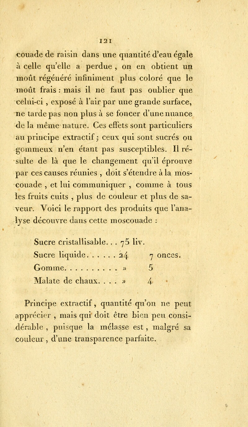 couade de raisin dans une quantité d'eau égale à celle qu'elle a perdue , on en obtient un moût régénéré infiniment plus coloré que le moût frais : mais il ne faut pas oublier que celui-ci , exposé à l'air par une grande surface, ne tarde pas non plus à se foncer d'une nuance de la même nature. Ces effets sont particuliers au principe extractif, ceux qui sont sucrés ou ■gommeux n'en étant pas susceptibles. Il ré- sulte de là que le changement qu'il éprouve par ces causes réunies , doit s'étendre à la mos- couade , et lui communiquer , comme à tous les fruits cuits , plus de couleur et plus de sa- veur. Voici le rapport des produits que l'ana- lyse découvre dans cette moscouade : Sucre cristallisable.. . 75 liv. Sucre liquide 24 7 onces. Gomme ■. » 5 Malate de chaux. . . . » 4 Principe extractif, quantité qu'on ne peut apprécier , mais qui doit être bien peu consi- dérable , puisque la mélasse est, malgré sa couleur , d'une transparence parfaite.