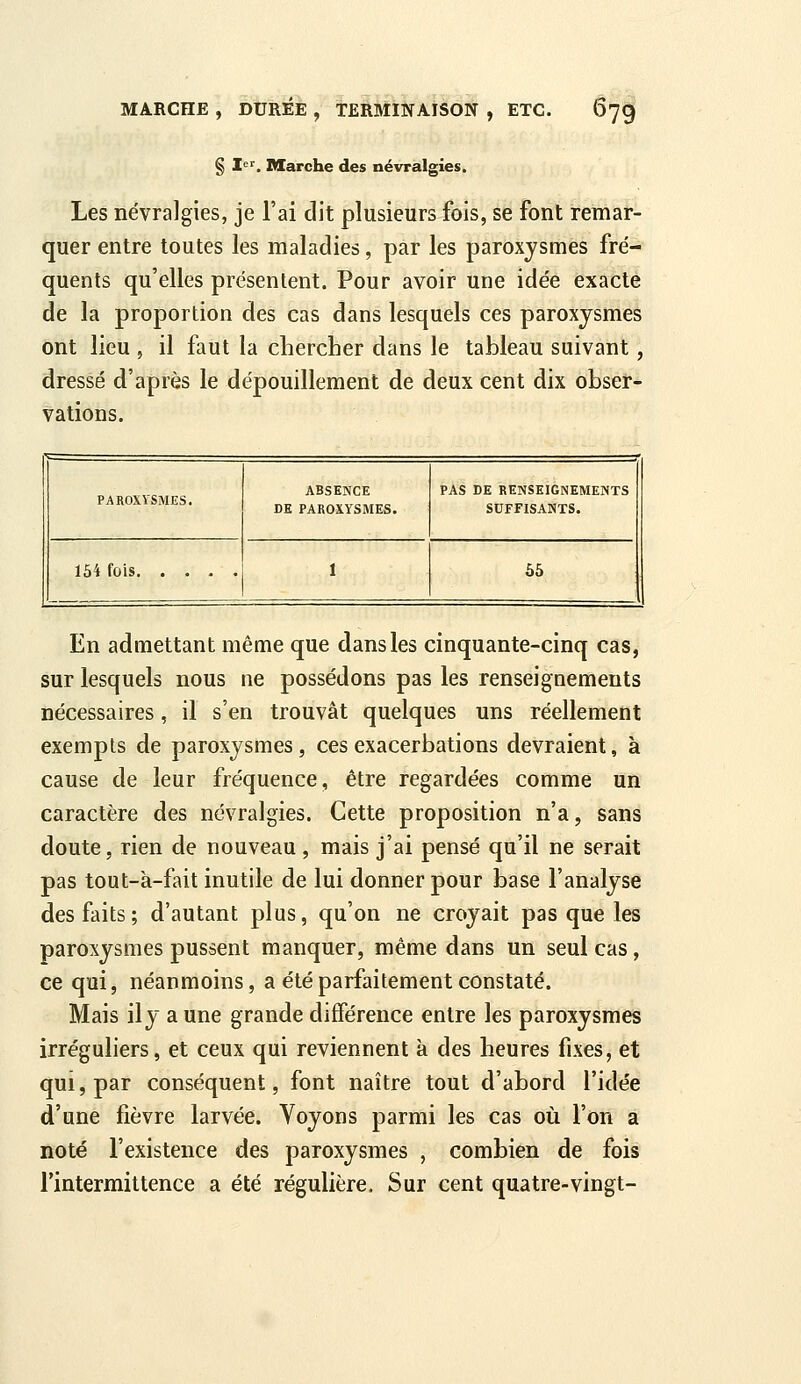 § Z. Marche des névralgies. Les névralgies, je l'ai dit plusieurs fois, se font remar- quer entre toutes les maladies, par les paroxysmes fré- quents qu'elles présentent. Pour avoir une idée exacte de la proportion des cas dans lesquels ces paroxysmes ont lieu , il faut la chercher dans le tableau suivant, dressé d'après le dépouillement de deux cent dix obser- vations. PAROXVSMES. ABSENCE DE PAROXYSMES. PAS DE RENSEIGNEMENTS SUFFISANTS. 164 fois 1 65 En admettant même que dans les cinquante-cinq cas, sur lesquels nous ne possédons pas les renseignements nécessaires, il s'en trouvât quelques uns réellement exempts de paroxysmes , ces exacerbations devraient, à cause de leur fréquence, être regardées comme un caractère des névralgies. Cette proposition n'a, sans doute, rien de nouveau, mais j'ai pensé qu'il ne serait pas tout-à-fait inutile de lui donner pour base l'analyse des faits; d'autant plus, qu'on ne croyait pas que les paroxysmes pussent manquer, même dans un seul cas, ce qui, néanmoins, a été parfaitement constaté. Mais ily aune grande différence entre les paroxysmes irréguliers, et ceux qui reviennent à des heures fixes, et qui, par conséquent, font naître tout d'abord l'idée d'une fièvre larvée. Voyons parmi les cas où l'on a noté l'existence des paroxysmes , combien de fois l'intermittence a été régulière. Sur cent quatre-vingt-