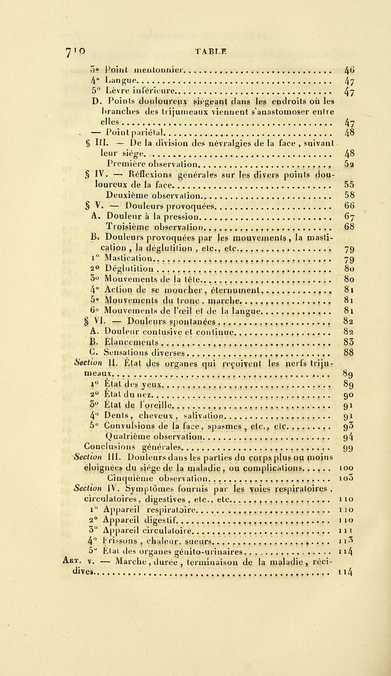 7'Q TABLR 3? Point iiienlounjei 4^ 4 l^angue 47 5 Lèvre inléricure 4? D. Points doulouroiix sit'gcqnt dans les endroits où les branches des trijumeaux viennent s'anastomoser entre elles 47 — Point pariétal 48 § III. — De la division des névralgies de la face , suivant leur sjog-e, 48 Première observation ,.., 5a S IV. — Réflexions générales sur les divers poii>ts dou- loureux de la face. 55 Deuxième observation 58 § V. — Douleurs provoquées 66 A. Douleur à la pression 67 Troisième observation 68 B. Douleurs provoquées par les mouvements, la masti- cation , la déglutition , etc., etc 79 1 Mastication ,,..., 79 20 Déglutition , 80 5o Mouvements de la tête 80 4° Action de se moucher , éternumenl „ 81 5° Mouvements du tronc . marche.................. 81 6» Mouvements de l'oeil et de la langue 81 § VI. — Douleurs spontanées ,., 82 A. Douleur contusive et continue 82 B- Elancements , 83 G. Sensations diverses ,. 88 Section II. Etal des organes qui reçoivent les nerfs triju- meaux 89 1° État des yeux ,.,...... 89 2° Etat du nez 90 5 État de l'oreille , 91 4'^ Dents, cheveux , salivation 91 5° Convulsions de la face, spasmes , etc., clc ,. gS Quatrième observation 94 Conclusions généiales , 99 Section 111. Douleurs dans les parties du corps plus ou moins éloignées du siège de la maladie, ou coiTiplications...,.. 100 Cinquième observation ,...,,..,,.,.... io3 Sectioti IV. Symptômes fournis par les ypies respirfiloires , circulatoires, digestives , etc., etc 110 1*^ Appareil respiratoire. 110 2° Appareil digestif. , 110 5 Appareil circulatoire , 111 4 i^rissons , chaleur, sueurs 11-'^ 5 Etal des organes génito-urinaires ii4 Art. y. — Marche, durée , terminaison de la maladie, réci- dives n 4