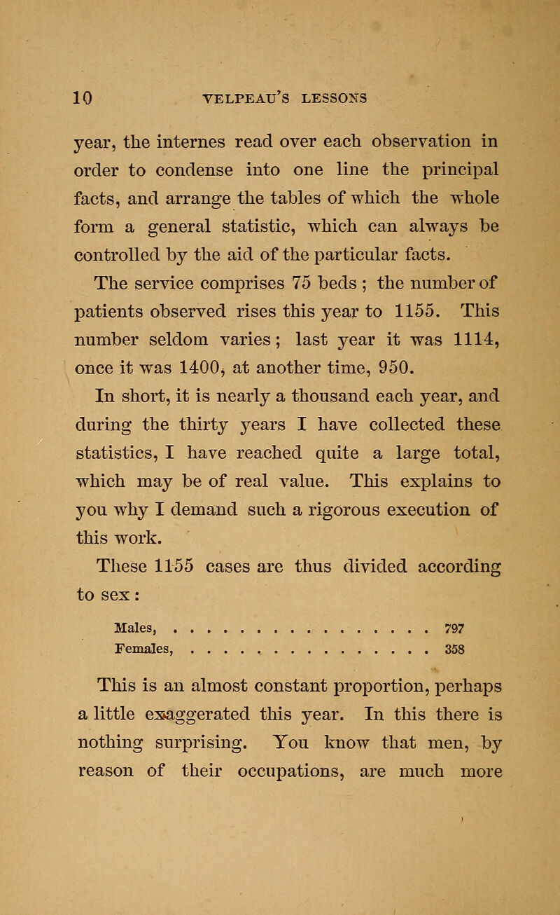year, the internes read over each observation in order to condense into one line the principal facts, and arrange the tables of which the whole form a general statistic, which can always be controlled by the aid of the particular facts. The service comprises 75 beds ; the number of patients observed rises this year to 1155. This number seldom varies; last year it was 1114, once it was 1400^ at another time, 950. In short, it is nearly a thousand each year, and during the thirty years I have collected these statistics, I have reached quite a large total, which may be of real value. This ex]Dlains to you why I demand such a rigorous execution of this work. These 1155 cases are thus divided according to sex: Males, 797 Females, 358 This is an almost constant proportion, perhaps a little exaggerated this year. In this there is nothing surprising. You know that men, by reason of their occupations, are much more