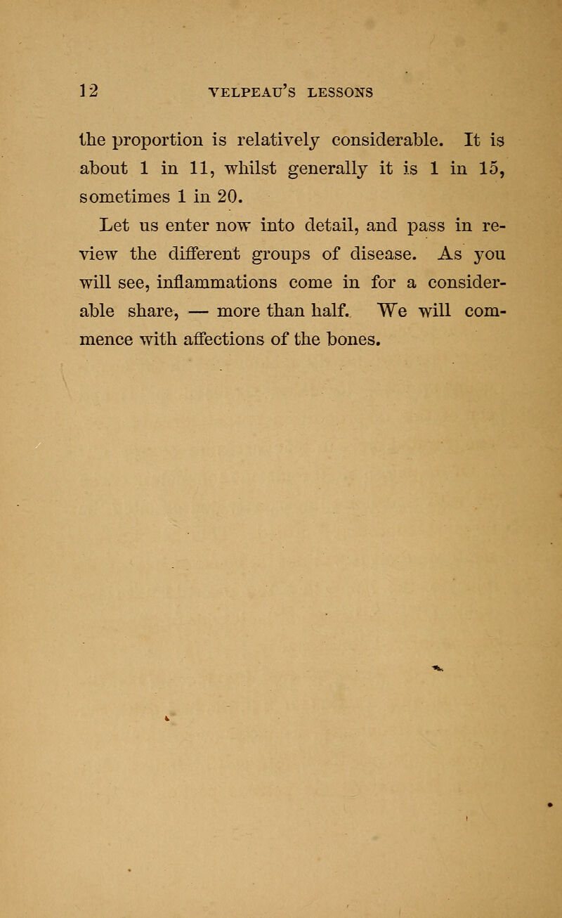 the proportion is relatively considerable. It is about 1 in 11, whilst generally it is 1 in 15, sometimes 1 in 20. Let us enter now into detail, and pass in re- view the different groups of disease. As you will see, inflammations come in for a consider- able share, — more than half. We will com- mence with affections of the bones.