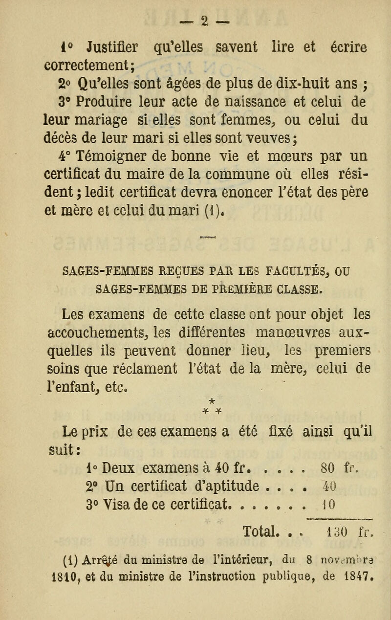 l» Justifier qu'elles savent lire et écrire correctement; 2° Qu'elles sont âgées de plus de dix-huit ans ; 3' Produire leur acte de naissance et celui de leur mariage si elles sont femmes^ ou celui du décès de leur mari si elles sont veuves ; 4° Témoigner de bonne vie et mœurs par un certificat du maire de la commune où elles rési- dent ; ledit certificat devra énoncer l'état des père et mère et celui du mari (1). SAGES-FEMMES EEÇUES PAR LES FACULTES, OU SAGES-FEMMES DE PREMIÈRE CLASSE. Les examens de cette classe ont pour objet les accouchements, les différentes manœuvres aux- quelles ils peuvent donner lieu, les premiers soins que réclament l'état de la mère, celui de l'enfant, etc. • Le prix de ces examens a été fixé ainsi qu'il suit: 1° Deux examens à 40 fr 80 fr. 2® Un certificat d'aptitude .... 40 3^ Visa de ce certificat 10 Total. . . 130 fr. (1) Arr^é du ministre de l'intérieur, du 8 nov.mVrs 1810, et du ministre de l'instruction publique, de 1847.