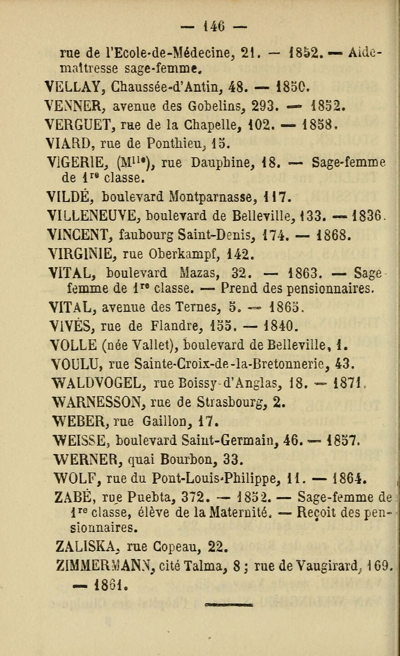 rue de l'Ecole-de-Médecine, 21. - i8&2. — Aidc- mattresse sage-femme. VELLAY, Ghaussée-d'Antin, 48. — 1850. VENNER; avenue des GoLeliûs, 293. — 1852. VERGUET, rue de la Chapelle, 402. — 4858. VIARD, rue de Ponthieu^ 15. VIGERIE, (Mil»), rue Dauphine, 48, — Sage-femme de 4 classe. VILDÉ, boulevard Montparnasse, 417. VILLENEUVE, boulevard de Belleville, 133. — 4836. VINCENT, faubourg Saint-Denis, 474. — 1868. VIRGINIE, rue Oberkampf, 142. VITAL, boulevard Mazas, 32. — 4863. — Sage femme de 4 classe. — Prend des pensionnaires. VITAL, avenue des Ternes, 5. — 4863. ViVÈS, rue de Flandre, 155. — 4840. VOLLE (née Vallet), boulevard de Belleviile, 1. VOULU, rue Sainte-Groix-de-la-Bretonnerie, 43. WALDVOGEL, rue Boissy-d'Ânglas, 18. - 1871, WARNESSON, rue de Strasbourg, 2. WEBER,rue Gaillon, 47. WEISSE5 boulevard Saint-Germain, 46. — 1857. WERNER, quai Bourbon, 33. WOLF, rue du Pont-Louis-Philippe, 14. — 1864. ZABÉ, ru,e Puebta, 372. — 1852. — Sage-femme de 4^^ classe, élève de la Maternité* — Reçoit des pen- sionnaires. ZALISKA, rue Copeau, 22. ZIMMERMANN, cité Talma, 8 ; rue de Vaugirard^ 169. — 18Ô4.