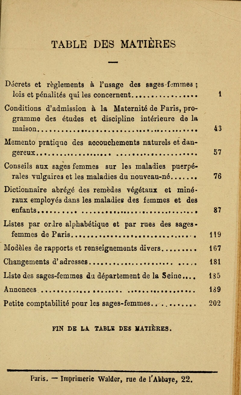 TABLE DES MATIERES Dt5crets et règlements à l'usage des sages-fimmes ; lois et pénalités qui les concernent 1 Conditions d'admission à la Maternité de Paris, pro- gramme des études et discipline intérieure de la maison. , 43 Mémento pratique des accouchements naturels et dan- gereux 57 Conseils aux sages femmes sur les maladies puerpé- rales vulgaires et les maladies du nouveau-né 76 Dictionnaire abrégé des remèdes végétaux et miné- raux employés dans les maladies des femmes et des enfants..,. , 87 Listes par ordre alphabétique et par rues des sages- femmes de Paris « ■. 119 Modèles de rapports et renseignements divers 167 Changements d'adresses ,, 181 Liste des sages-femmes da département de la Seine.... 185 Annonces « 139 Petite comptabilité pour les sages-femmes.. 202 FIN DE LA. TABLE DES UÂTIÈRES. Paris. — Imprimerie Walder, rue de TAbbaye, 22.