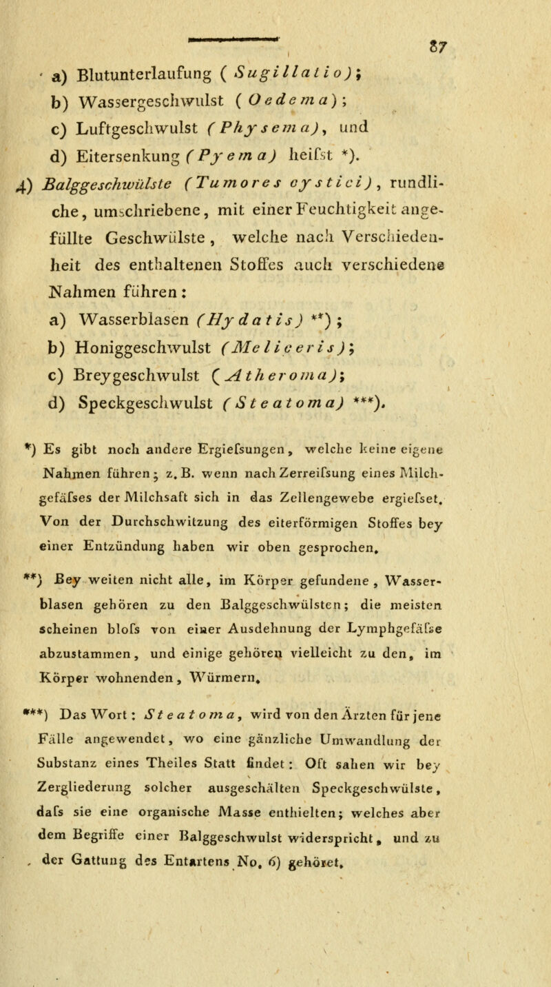 ' a) Blutunterlaufung ( Suglllatlo); b) Wassergescliwulst ( Oedema); c) Luftgescliwulst ( Phy s e m a), und d) Eitersenkung fPjö//z«>) lieifst *). 4) Balggeschwülste (Tumores oystici)^ rundli- che, umschriebene, mit einer Feuchtigkeit ange^ füllte Geschwülste , welche nach Verschieden- heit des enthaltenen Stoffes auch verschiedene Nahmen führen: a) Wasserblasen (Hj datis) **^) ; b) Honiggeschwulst (Meliceris)\ c) Breygeschwulst (^Atheroma)\ d) Speckgescliwulst (Steatoma) ***), *) Es gibt noch andere Ergiefsungen, welche keine eigene Nahmen führen; z.B. wenn nachZerreifsung eines Milch- gefäfses der Milchsaft sich in das Zellengewebe ergiefset. Von der Durchschwitzung des eiterförmigen Stoffes bey einer Entzündung haben wir oben gesprochen» **) JBey weiten nicht alle, im Körper gefundene , Wasser- blasen gehören zu den Balggeschwülsten; die meisten scheinen blofs von eiwer Ausdehnung der Lymphgefäfse abzustammen, und einige gehören vielleicht zu den, im Körper wohnenden, Würmern^ •**) Das Wort: S t e at oma ^ wird von den Ärzten für jene Fälle angewendet, wo eine gänzliche Umwandlung der Substanz eines Theiles Statt findet: Oft sahen wir bey Zergliederung solcher ausgeschälten Speckgeschwülste, dafs sie eine organische Masse enthielten; welches aber dem Begriffe einer Balggeschwulst widerspricht» und zu , der Gattung des Enturtens No, 6) gehöret»