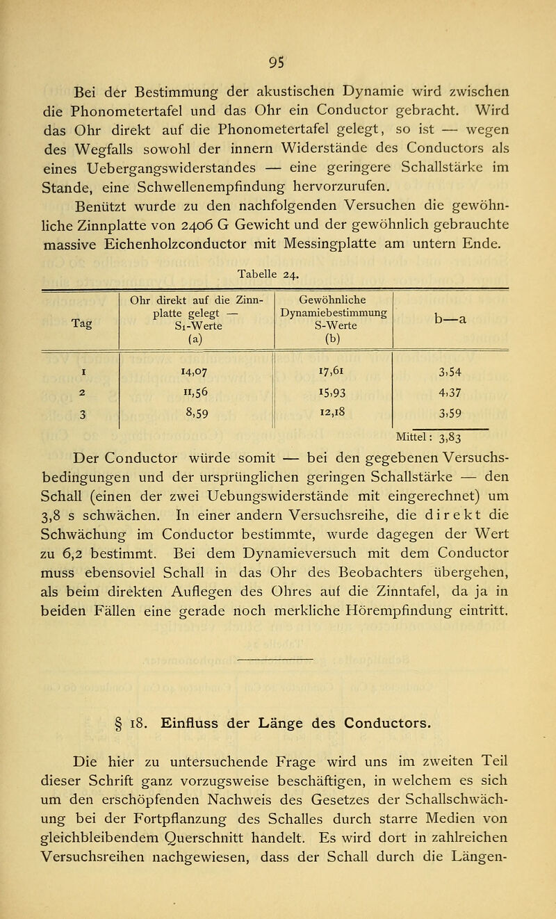 Bei der Bestimmung der akustischen Dynamic wird zwischen die Phonometertafel und das Ohr ein Conductor gebracht. Wird das Ohr direkt auf die Phonometertafel gelegt, so ist — wegen des Wegfalls sowohl der innern Widerstände des Conductors als eines Uebergangswiderstandes — eine geringere Schallstärke im Stande, eine Schwellenempfindung hervorzurufen. Benützt wurde zu den nachfolgenden Versuchen die gewöhn- liche Zinnplatte von 2406 G Gewicht und der gewöhnlich gebrauchte massive Eichenholzconductor mit Messingplatte am untern Ende. Tabelk 24. Tag Ohr direkt auf die Zinn- platte gelegt — Si-Werte (a) Gewöhnliche Dynamiebestimmung S-Werte (b) b—a 1 2 3 14,07 «,56 8,59 17,61 15,93 I2,l8 3,54 4,37 3,59 Mittel: 3,83 Der Conductor würde somit — bei den gegebenen Versuchs- bedingungen und der ursprünglichen geringen Schallstärke — den Schall (einen der zwei Uebungswiderstände mit eingerechnet) um 3,8 s schwächen. In einer andern Versuchsreihe, die direkt die Schwächung im Conductor bestimmte, wurde dagegen der WTert zu 6,2 bestimmt. Bei dem Dynamieversuch mit dem Conductor muss ebensoviel Schall in das Ohr des Beobachters übergehen, als beim direkten Auflegen des Ohres auf die Zinntafel, da ja in beiden Fällen eine gerade noch merkliche Hörempfindung eintritt. § 18. Einfluss der Länge des Conductors. Die hier zu untersuchende Frage wird uns im zweiten Teil dieser Schrift ganz vorzugsweise beschäftigen, in welchem es sich um den erschöpfenden Nachweis des Gesetzes der Schallschwäch- ung bei der Fortpflanzung des Schalles durch starre Medien von gleichbleibendem Querschnitt handelt. Es wird dort in zahlreichen Versuchsreihen nachgewiesen, dass der Schall durch die Längen-