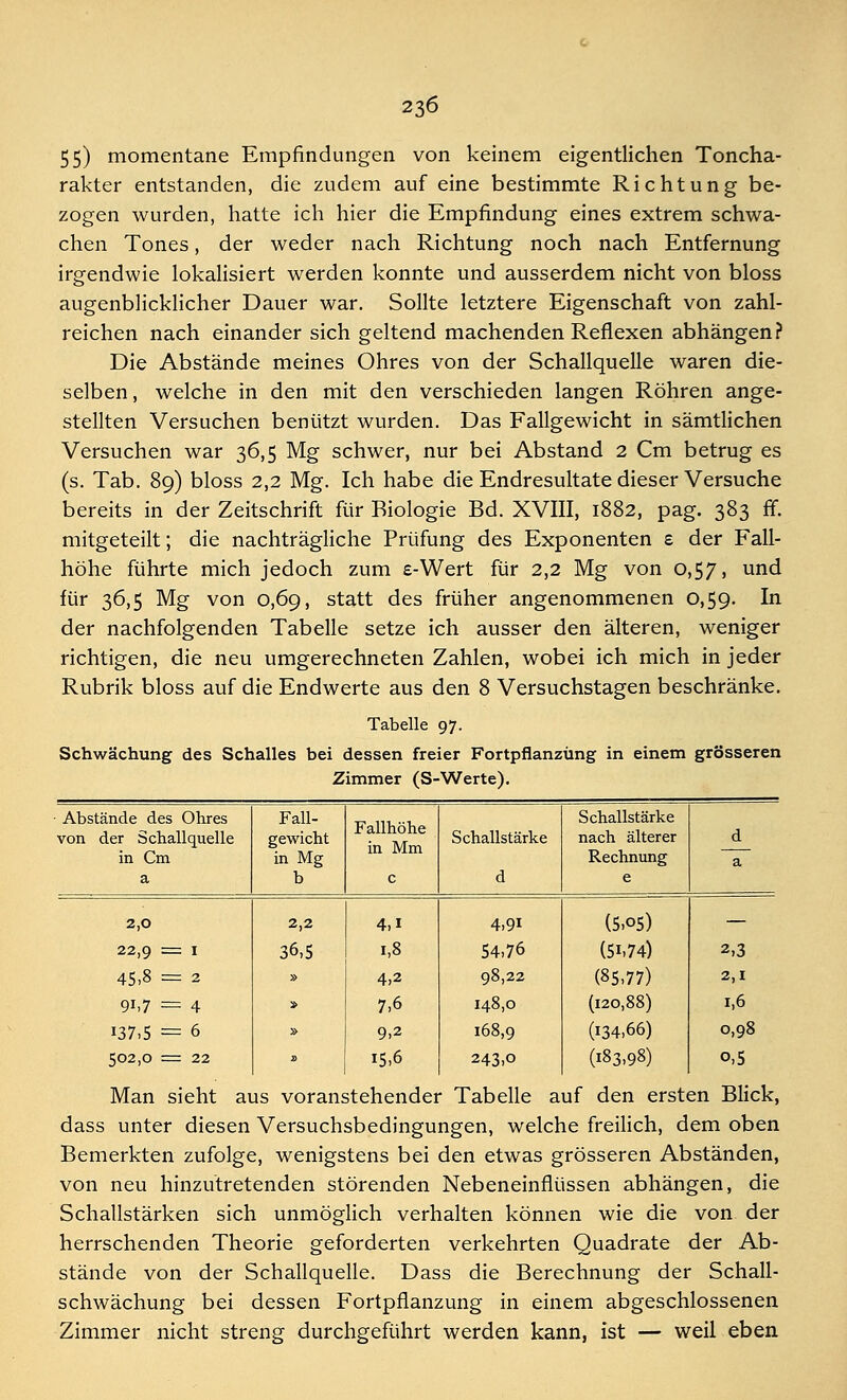 55) momentane Empfindungen von keinem eigentlichen Toncha- rakter entstanden, die zudem auf eine bestimmte Richtung be- zogen wurden, hatte ich hier die Empfindung eines extrem schwa- chen Tones, der weder nach Richtung noch nach Entfernung irgendwie lokalisiert werden konnte und ausserdem nicht von bloss augenblicklicher Dauer war. Sollte letztere Eigenschaft von zahl- reichen nach einander sich geltend machenden Reflexen abhängen? Die Abstände meines Ohres von der Schallquelle waren die- selben, welche in den mit den verschieden langen Röhren ange- stellten Versuchen benützt wurden. Das Fallgewicht in sämtlichen Versuchen war 36,5 Mg schwer, nur bei Abstand 2 Cm betrug es (s. Tab. 89) bloss 2,2 Mg. Ich habe die Endresultate dieser Versuche bereits in der Zeitschrift für Biologie Bd. XVIII, 1882, pag. 383 ff. mitgeteilt; die nachträgliche Prüfung des Exponenten £ der Fall- höhe führte mich jedoch zum £-Wert für 2,2 Mg von 0,57, und für 36,5 Mg von 0,69, statt des früher angenommenen 0,59. In der nachfolgenden Tabelle setze ich ausser den älteren, weniger richtigen, die neu umgerechneten Zahlen, wobei ich mich in jeder Rubrik bloss auf die Endwerte aus den 8 Versuchstagen beschränke. Tabelle 97. Schwächung des Schalles bei dessen freier Fortpflanzung in einem grösseren Zimmer (S-Werte). Abstände des Ohres von der Schallquelle in Cm a Fall- gewicht in Mg b Fallhöhe in Mm c Schallstärke d Schallstärke nach älterer Rechnung e d a 2,0 2,2 4,1 4,9i (5.05) — 22,9 = 1 36,5 1,8 54,76 (51-74) 2,3 45,8 = 2 » 4,2 98,22 (85,77) 2,1 9i,7 = 4 » 7,6 148,0 (120,88) i,6 137,5 = 6 » 9,2 168,9 (134,66) 0,98 502,0 = 22 » 15,6 243,o (183,98) o,5 Man sieht aus voranstehender Tabelle auf den ersten Blick, dass unter diesen Versuchsbedingungen, welche freilich, dem oben Bemerkten zufolge, wenigstens bei den etwas grösseren Abständen, von neu hinzutretenden störenden Nebeneinflüssen abhängen, die Schallstärken sich unmöglich verhalten können wie die von der herrschenden Theorie geforderten verkehrten Quadrate der Ab- stände von der Schallquelle. Dass die Berechnung der Schall- schwächung bei dessen Fortpflanzung in einem abgeschlossenen Zimmer nicht streng durchgeführt werden kann, ist — weil eben