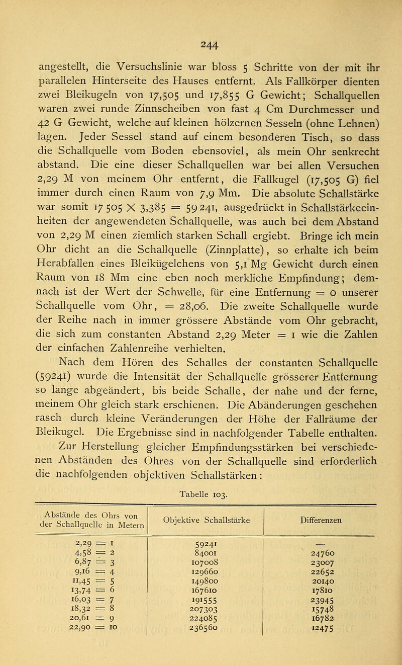 angestellt, die Versuchslinie war bloss 5 Schritte von der mit ihr parallelen Hinterseite des Hauses entfernt. Als Fallkörper dienten zwei Bleikugeln von 17,505 und 17,855 G Gewicht; Schallquellen waren zwei runde Zinnscheiben von fast 4 Cm Durchmesser und 42 G Gewicht, welche auf kleinen hölzernen Sesseln (ohne Lehnen) lagen. Jeder Sessel stand auf einem besonderen Tisch, so dass die Schallquelle vom Boden ebensoviel, als mein Ohr senkrecht abstand. Die eine dieser Schallquellen war bei allen Versuchen 2,29 M von meinem Ohr entfernt, die Fallkugel (17,505 G) fiel immer durch einen Raum von 7,9 Mm. Die absolute Schallstärke war somit 17505 X 3,385 = 59241, ausgedrückt in Schallstärkeein- heiten der angewendeten Schallquelle, was auch bei dem Abstand von 2,29 M einen ziemlich starken Schall ergiebt. Bringe ich mein Ohr dicht an die Schallquelle (Zinnplatte), so erhalte ich beim Herabfallen eines Bleikügelchens von 5,1 Mg Gewicht durch einen Raum von 18 Mm eine eben noch merkliche Empfindung; dem- nach ist der Wert der Schwelle, für eine Entfernung = o unserer Schallquelle vom Ohr, = 28,06. Die zweite Schallquelle wurde der Reihe nach in immer grössere Abstände vom Ohr gebracht, die sich zum constanten Abstand 2,29 Meter = 1 wie die Zahlen der einfachen Zahlenreihe verhielten. Nach dem Hören des Schalles der constanten Schallquelle (59241) wurde die Intensität der Schallquelle grösserer Entfernung so lange abgeändert, bis beide Schalle, der nahe und der ferne, meinem Ohr gleich stark erschienen. Die Abänderungen geschehen rasch durch kleine Veränderungen der Höhe der Fallräume der Bleikugel. Die Ergebnisse sind in nachfolgender Tabelle enthalten. Zur Herstellung gleicher Empfindungsstärken bei verschiede- nen Abständen des Ohres von der Schallquelle sind erforderlich die nachfolgenden objektiven Schallstärken : Tabelle 103. Abstände des Ohrs von der Schallquelle in Metern Objektive Schallstärke Differenzen 2,29 = 1 59241 — 4,58 = 2 84001 24760 6,87 - 3 107008 23007 9,16 = 4 129660 22652 «.45 = 5 149800 20140 13,74 = 6 167610 17810 16,03 = 7 I9I555 23945 18,32 = 8 207303 15748 20,61 = 9 224085 16782 22,90 = 10 236560 12475