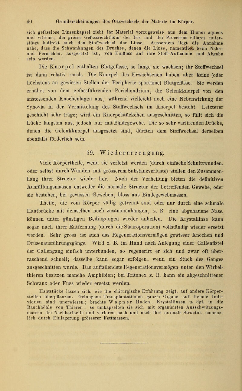 sich gefässlose Linsenkapsel zieht ihr Material vorzugsweise aus dem Humor aqueus und vitreus; der grosse Gefässreichthum der Iris und der Processus ciliares unter- stützt indirekt auch den Stoffwechsel der Linse. Ausserdem liegt die Annahme nahe, dass die Schwankungen des Druckes, denen die Linse, namentlioh beim Nahe- und Fernsehen, ausgesetzt ist, von Eiufluss auf ihre Stoff-Aufnahme und Abgabe sein werden. Die Knorpel enthalten Blutgefässe, so lange sie wachsen; ihr Stoffwechsel ist dann relativ rasch. Die Knorpel des Erwachsenen hahen aber keine (oder höchstens an gewissen Stellen der Peripherie sparsame) Blutgefässe. Sie werden ernährt von dem gefässführenden Perichondrium, die Gelenkknorpel von den anstossenden Knochenlagen aus, während vielleicht noch eine Nebenwirkung der Synovia in der Vermittelung des Stoffwechsels im Knorpel besteht. Letzterer geschieht sehr träge; wird ein Knorpelstückchen ausgeschnitten, so füllt sich die Lücke längsam aus, jedoch nur mit Bindegewebe. Die so sehr variirenden Drücke, denen die Gelenkknorpel ausgesetzt sind, dürften dem Stoffwechsel derselben ebenfalls förderlich sein. 59. Wie der er Zeugung. Viele Körpertheile, wenn sie verletzt werden (durch einfache Schnittwunden, oder selbst durch Wunden mit grösserem Substanzverluste) stellen den Zusammen- hang ihrer Structur wieder her. Nach der Verheilung bieten die definitiven Ausfüllungsmassen entweder die normale Structur der betreffenden Gewebe, oder sie bestehen, bei gewissen Geweben, bloss aus Bindegewebmassen. Theile, die vom Körper völlig getrennt sind oder nur durch eine schmale Hautbrücke mit demselben noch zusammenhängen, z. B. eine abgehauene Nase, können unter günstigen Bedingungen wieder anheilen. Die Krystallinse kann sogar nach ihrer Entfernung (durch die Staaroperation) vollständig wieder ersetzt werden. Sehr gross ist auch das Regenerationsvermögen gewisser Knochen und Drüsenausführungsgänge. Wird z. B. im Hund nach Anlegung einer Gallenfistel der Gallengang einfach unterbunden, so regenerirt er sich und zwar oft über- raschend schnell; dasselbe kann sogar erfolgen, wenn ein Stück des Ganges ausgeschnitten wurde. Das auffallendste Regenerationsvermögen unter den Wirbel- thieren besitzen manche Amphibien; bei Tritonen z. B. kann ein abgeschnittener Schwanz oder Fuss wieder ersetzt werden. Hautstücke lassen sich, wie die chirurgische Erfahrung zeigt, auf andere Körper- stellen überpflanzen. Gelungene Transplantationen ganzer Organe auf fremde Indi- viduen sind unerwiesen; brachte Wagner Hoden, Krystallinsen u. dgl. in die Bauchhöhle von Thieren , so umkapselten sie sich mit organisirten Ausschwitzuugs- massen der Nachbartheile und verloren nach und nach ihre normale Structur, nament- lich durch Einlagerung grösserer Fettmassen.