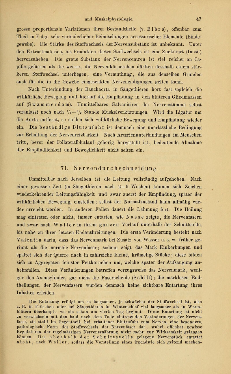 grosse proportionale Variationen ihrer Bestandtheile (v. B i b r a) , offenbar zum Theil in Folge sehr veränderlicher Beimischungen accessorischer Elemente (Binde- gewebe). Die Stärke des Stoffwechsels der Nervensubstanz ist unbekannt. Unter den Extractmatei'ien, als Produkten dieses Stoffwechsels ist eine Zuckerart (Inosit) hervorzuheben. Die graue Substanz der Nervenceniren ist viel reicher an Ca- pillargefässen als die weisse, die Nervenkörperchen dürften desshalb einem stär- keren Stoffwechsel unterliegen, eine Yermuthung, die aus denselben Gründen auch für die in die Gewebe eingesenkten Nervenendigungen gelten kann. Nach Unterbindung der Bauchaorta in Säugethieren hört fast sogleich die willkürliche Bewegung und hierauf die Empfindung in den hinteren Gliedmaassen auf (S w a m m e r d a m). Unmittelbares Galvanisiren der Nervenstämme selbst veranlasst noch nach V4—Y2 Stunde Muskelverkürzuugen. Wird die Ligatur um die Aorta entfernt, so stellen sich willkürliche Bewegung und Empfindung wieder ein. Die beständige Blutzufuhr ist demnach eine unerlässliche Bedingung zur Erhaltung der Nervenreizbarkeit. Nach Arterienunterbindungen im Menschen tritt, bevor der CoUateralblutlauf gehörig hergestellt ist, bedeutende Abnahme der Empfindlichkeit und Beweglichkeit nicht selten ein. 71. Nervendurchschneidung. Unmittelbar nach derselben ist die Leitung vollständig aufgehoben. Nach einer gewissen Zeit (in Säugethieren nach 2—5 Wochen) können sich Zeichen wiederkehrender Leitungsfähigkeit und zwar zuerst der Empfindung, später der willkürlichen Bewegung, einstellen; selbst der Normalzustand kann allmälig wie- der erreicht werden. In anderen Fällen dauert die Lähmung fort. Die Heilung mag eintreten oder nicht, immer entarten, wie Nasse zeigte, die Nervenfasern und zwar nach Waller in ihrem ganzen Verlauf unterhalb der Schnittstelle, bis nahe zu ihren letzten Endausbreitungen. Die erste Veränderung besteht nach Valentin darin, dass das Nervenmark bei Zusatz von Wasser u. s. w. früher ge- rinnt als die normale Nervenfaser; sodann zeigt das Mark Einkerbungen und spaltet sich der Querre nach in zahlreiche kleine, krümelige Stücke; diese bilden sich zu Aggregaten feinster Fettkörnchen um, welche später der Aufsaugung an- heimfallen. Diese Veränderungen betreffen vorzugsweise das Nervenmark, weni- ger den Axencylinder, gar nicht die Faserscheide (Schiff); die marklosen End- theilungen der Nervenfasern würden demnach keine sichtbare Entartung ihres Inhaltes erleiden. Die Entartung erfolgt um so langsamer, je schwächer der Stoffwechsel ist, also z. B. in Fröschen oder bei Säugethieren im Winterschlaf viel langsamer als in Warm- blütern überhaupt, wo sie schon am -vierten Tag beginnt. Diese Entartung ist nicht zu -verwechseln mit den bald nach dem Tode eintretenden Veränderungen der Ner-ven- faser, sie stellt im Gegentheil, bei erhaltener Blutzufuhr zum Ner-ven, eine besondere, pathologische Form des Stoffwechsels der Ner-venfaser dar, wobei offenbar gewisse Regulatoren der regelmässigen Nervenernährung nicht mehr zur Wirksamkeit gelangen können. Das oberhalb der Schnittstelle gelegene Nervenstück entartet nicht, nach Waller, sodass die Vorstellung eines irgendwie sich geltend machen-