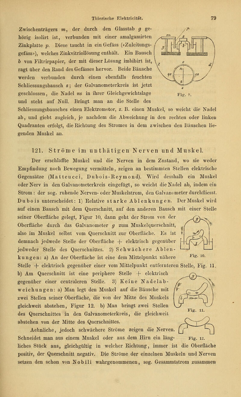 Zwischenträgers m, der durch den Glasstab g ge- hörig isolirt ist, verbunden mit einer amalgamirten Zinkplatte p. Diese taucht in ein Gefäss (»Zuleitungs- gefäss»), welches Zinkvitriollösung enthält. Ein Bausch 6 von Filtrirpapier, der mit dieser Lösung imbibirt ist, ragt über den Rand des Gefässes hervor. Beide Bäusche werden verbunden durch einen ebenfalls feuchten Schliessungsbausch s; der Galvanometerkreis ist jetzt geschlossen, die Nadel ns in ihrer Gleichgewichtslage und steht auf Null. Bringt man an die Stelle des Schliessungsbausches einen Elektromotor, z. B. einen Muskel, so weicht die Nadel ab, und giebt zugleich, je nachdem die Abweichung in den rechten oder linken Quadranten erfolgt, die Richtung des Stromes in dem zwischen den Bäuschen lie- genden Muskel an. Fif= 121. Ströme im unthätigen Nerven und Muskel. Der erschlaffte Muskel und die Nerven in dem Zustand, wo sie weder Empfindung noch Bewegung vermitteln, zeigen an bestimmten Stellen elektrische Gegensätze (Matteucci, Dubois-Reymond). Wird desshalb ein Muskel oder Nerv in den Galvanometerkreis eingefügt, so weicht die Nadel ab, indem ein Strom : der sog. ruhende Nerven- oder Muskelstrom, den Galvanometer durchfiiesst. Dubois unterscheidet: 1) Relative starke Ablenkungen. Der Muskel wird auf einen Bausch mit dem Querschnitt, auf den anderen Bausch mit einer Stelle seiner Oberfläche gelegt, Figur 10, dann geht der Strom von der Oberfläche durch das Galvanometer g zum Muskelquerschnitt, also im Muskel selbst vom Querschnitt zur Oberfläche. Es ist demnach jedwede Stelle der Oberfläche -f- elektrisch gegenüber jedweder Stelle des Querschnittes. 2) Schwächere Ablen- kungen: a) An der Oberfläche ist eine dem Mittelpunkt nähere Stelle -j- elektrisch gegenüber einer vom Mittelpunkt entfernteren Stelle, Fig. 11. b) Am Querschnitt ist eine periphere Stelle + elektrisch gegenüber einer centraleren Stelle. 3) Keine Nadelab- weichungen: a) Man legt den Muskel auf die Bäusche mit zwei Stellen seiner Oberfläche, die von der Mitte des Muskels gleichweit abstehen, Figur 12. b) Man bringt zwei Stellen des Querschnittes in den Galvanometerkreis, die gleichweit abstehen von der Mitte des Querschnittes. Aehnliche, jedoch schwächere Ströme zeigen die Nerven. Schneidet man aus einem Muskel oder aus dem Hirn ein läng- liches Stück aus, gleichgültig in welcher Richtung, immer ist die Oberfläche positiv, der Querschnitt negativ. Die Ströme der einzelnen Muskeln und Nerven setzen den schon von Nobili wahrgenommenen, sog. Gesammtstrom zusammen Fiff. 10.