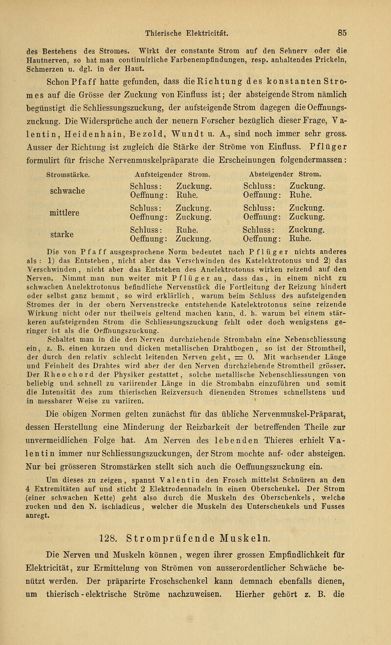 des Bestehens des Stromes. Wirkt der constante Strom auf den Sehnerv oder die Hautnerven, so hat man continuirliche Farbenempflndungen, resp. anhaltendes Prickeln, Schmerzen u. dgl. in der Haut. Schon Pf äff hatte gefunden, dass dieRichtung des konstanten Stro- mes auf die Grösse der Zuckung vonEinfluss ist; der absteigende Strom nämlich begünstigt die Schliessungszuckung, der aufsteigende Strom dagegen die Oeffnungs- zuckung. Die Widersprüche auch der neuern Forscher bezüglich dieser Frage, V a- lentin, Heidenhain, Bezold, Wundt u. A., sind noch immer sehr gross. Ausser der Richtung ist zugleich die Stärke der Ströme von Einfluss. Pflüger formulirt für frische Nervenmuskelpräparate die Erscheinungen folgendermassen: Stromstärke, schwache mittlere starke Aufsteigender Strom. Schluss: Zuckung. Oeifnung: Ruhe. Schluss: Zuckung. Oeifnung: Zuckung. Schluss: Ruhe. Oeffnung: Zuckung. Albsteigender Strom. Schluss: Zuckung. Oeffnung: Ruhe. Schluss: Zuckung. Oeffnung: Zuckung. Schluss: Zuckung. Oeffnung: Ruhe. Die von Pfaff ausgesprochene Norm bedeutet nach Pflüger nichts anderes als : 1) das Entstehen , nicht aber das Verschwinden des Katelektrotonus und 2) das Verschwinden , nicht aber das Entstehen des Anelektrotonus wirken reizend auf den Nerven. Nimmt man nun weiter m.it Pflüg er au, dass das, in einem nicht zu schwachen Anelektrotonus befindliche Nervenstück die Fortleitung der Reizung hindert oder selbst ganz hemmt, so wird erklärlich , warum beim Schluss des aufsteigenden Stromes der in der obern Nervenstrecke entstehende Katelektrotonus seine reizende Wirkung nicht oder nur theilweis geltend machen kann, d. h. warum bei einem stär- keren aufsteigenden Strom die Schliessungszuckung fehlt oder doch wenigstens ge- ringer ist als die Oeffiiungszuckung. Schaltet man in die den Nerven durchziehende Strombahn eine Nebenschliessung ein, z. B. einen kurzeu und dicken metallischen Drahtbogen , so ist der Stromtheil, der durch den relativ schlecht leitenden Nerven geht, =: 0. Mit wachsender Länge und Feinheit des Drahtes wird aber der den Nerven durchziehende Stromtheil grösser. Der Rheochord der Physiker gestattet, solche metallische Nebenschliessungen von beliebig und schnell zu variirender Länge in die Strombahn einzuführen und somit die Intensität des zum thierischen Reizversuch dienenden Stromes schnellstens und in messbarer Weise zu varliren. Die obigen Normen gelten zunächst für das übliche Nervenmuskel-Präparat. dessen Herstellung eine Minderung der Reizbarkeit der betreffenden Theile zur unvermeidlichen Folge hat. Am Nerven des lebenden Thieres erhielt Va- lentin immer nur Schliessungszuckungen, der Strom mochte auf- oder absteigen. Nur bei grösseren Stromstärken stellt sich auch die Oeffnungszuckung ein. Um dieses zu zeigen, spannt Valentin den Frosch mittelst Schnüren an den 4 Extremitäten auf und sticht 2 Elektrodennadeln in einen Oberschenkel. Der Strom (einer schwachen Kette) geht also durch die Muskeln des Oberschenkels, welche zucken und den N. ischiadicus, welcher die Muskeln des Unterschenkels und Fusses anregt. 128. Stromprüfende Muskeln. Die Nerven und Muskeln können, wegen ihrer grossen Empfindlichkeit für Elektricität, zur Ermittelung von Strömen von ausserordentlicher Schwäche be- nützt werden. Der präparirte Froschschenkel kann demnach ebenfalls dienen, um thierisch - elektrische Ströme nachzuweisen. Hierher gehört z. B. die