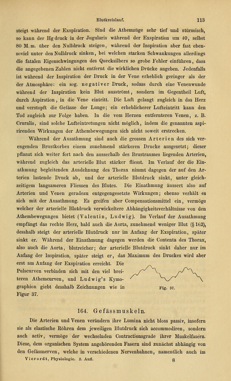 steigt während der Exspiration. Sind die Athemzüge sehr tief und stürmisch, so kann der Hg druck in der Jugularis während der Exspiration um 40, selbst 80 M.m. über den Nulldruck steigen, während der Inspiration aber fast eben- soviel unter den Nulldruck sinken, bei welchen starken Schwankungen allerdings die fatalen Eigenschwingungen des Quecksilbers so grobe Fehler einführen, dass die angegebenen Zahlen nicht entfernt die wirklichen Drücke angeben. Jedenfalls ist während der Inspiration der Druck in der Vene erheblich geringer als der der Atmosphäre: ein sog. negativer Druck, sodass durch eine Venenwunde während der Inspiration kein Blut ausströmt, sondern im Gegentheil Luft, durch Aspiration, in die Vene eintritt. Die Luft gelangt zugleich in das Herz und verstopft die Gefässe der Lunge; ein erheblicherer Lufteintritt kann den Tod zugleich zur Folge haben. In die vom Herzen entfernteren Venen, z. B. Cruralis, sind solche Lufteintretungen nicht möglich, indem die genannten aspi- rirenden Wirkungen der Athembewegungen sich nicht soweit erstrecken. Während der Ausathmung sind auch die grossen Arterien des sich ver- engenden Brustkorbes einem zunehmend stärkeren Drucke ausgesetzt; dieser pflanzt sich weiter fort nach den ausserhalb des Brustraumes liegenden Arterien, während zugleich das arterielle Blut stärker fliesst. Im Verlauf der die Ein- athmung begleitenden Ausdehnung des Thorax nimmt dagegen der auf den Ar- terien lastende Druck ab, und der arterielle Blutdruck sinkt, unter gleich- zeitigem langsameren Fliessen des Blutes. Die Einathmung äussert also auf Arterien und Venen geradezu entgegengesetzte Wirkungen; ebenso verhält es sich mit der Ausathmung. Es greifen aber Compensationsmittel ein, vermöge welcher der arterielle Blutdruck verwickeitere Abhängigkeitsverhältnisse von den Athembewegungen bietet (Valentin, Ludwig). Im Verlauf der Ausathmung empfängt das rechte Herz, bald auch die Aorta, zunehmend weniger Blut (§ 162), desshalb steigt der arterielle Blutdruck nur im Anfang der Exspiration, später sinkt er. Während der Einathmung dagegen werden die Contenta des Thorax, also auch die Aorta, blutreicher; der arterielle Blutdruck sinkt daher nur im Anfang der Inspiration, später steigt er, das Maximum des Druckes wird aber erst am Anfang der Exspiration erreicht. Die Pulscurven verbinden sich mit den viel brei- teren Athemcurven, und Ludwig's Kymo- graphion giebt desshalb Zeichnungen wie in Fig. 37. Figur 37. 164. Gefässmuskeln. Die Arterien und Venen verändern ihre Lumina nicht bloss passiv, insofern sie als elastische Röhren dem jeweiligen Blutdruck sich accommodiren, sondern auch activ, vermöge der wechselnden Contractionsgrade ihrer Muskelfasern. Diese, dem organischen System angehörenden Fasern sind zunächst abhängig von den Gefässnerven, welche in verschiedenen Nervenbahnen, namentlich auch im Vi er or dt, Physiologie. 2. Aufl. g