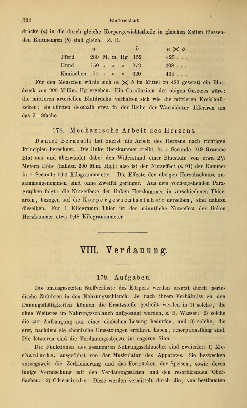 drücke (a) in die durch gleiche Körpergewichtstheile in gleichen Zeiten fliessen- den Blutmengen (&) sind gleich. Z. B. a h a X b Pferd 280 M. m. Hg 152 425 .. . Hund 150 » » » 272 408 .. , Kaninchen 70 » » » 620 434 .; . Für den Menschen würde sich (a X 6 im Mittel zu 422 gesetzt) ein Blut- druck von 200 MiUim. Hg ergeben. Ein CoroUarium des obigen Gesetzes wäre: die mittleren arteriellen Blutdrücke verhalten sich wie die mittleren Kreislaufs- zeiten ; sie dürften desshalb etwa in der Reihe der Warmblüter diflferiren um das 7—Sfache. 178. Mechanische Arbeit des Herzens. Daniel Bernoulli hat zuerst die Arbeit des Herzens nach richtigen Principien berechnet. Die linke Herzkammer treibt in 1 Secunde 219 Gramme Blut aus und überwindet dabei den Widerstand einer Blutsäule von etwa 272 Metern Höhe (nahezu 200 M.m. Hg.); also ist der Nutzeffect (s. 91) der Kammer in 1 Secunde 0,54 Kilogrammmeter. Die Effecte der übrigen Herzabschnitte zu- sammengenommen sind ohne Zweifel geringer. Aus dem vorhergehenden Para- graphen folgt: die Nutzeffecte der linken Herzkammer in verschiedenen Thier- arten, bezogen auf die Körpergewichtseinheit derselben, sind nahezu dieselben. Für 1 Kilogramm Thier ist der minutliche Nutzeffect der linken Herzkammer etwa 0,48 Kilogrammmeter. VIII. Verdauung. 179. Aufgaben. Die unausgesetzten Stoffverluste des Körpers werden ersetzt durch perio- dische Zufuhren in den Nahrungsschlauch. Je nach ihrem Verhältniss zu den Dauungsthätigkeiten können die Ersatzstoffe getheilt werden in 1) solche, die ohne Weiteres im Nahrungsschlauch aufgesaugt werden, z. B. Wasser; 2) solche die zur Aufsaugung nur einer einfachen Lösung bedürfen, und 3) solche, die erst, nachdem sie chemische Umsetzungen erfahren haben, resorptionsfähig sind. Die letzteren sind die Verdauungsobjecte im engeren Sinn. Die Funktionen des gesammten Nahrungsschlauches sind zweierlei: 1) M e- chanische, ausgeführt von der Muskulatur des Apparates. Sie bezwecken vorzugsweis die Zerkleinerung und das Fortrücken der Speisen, sowie deren innige Vermischung mit den Verdauungssäften und den resorbirenden Ober- flächen. 2) Chemische. Diese werden vermittelt durch die, von bestimmten