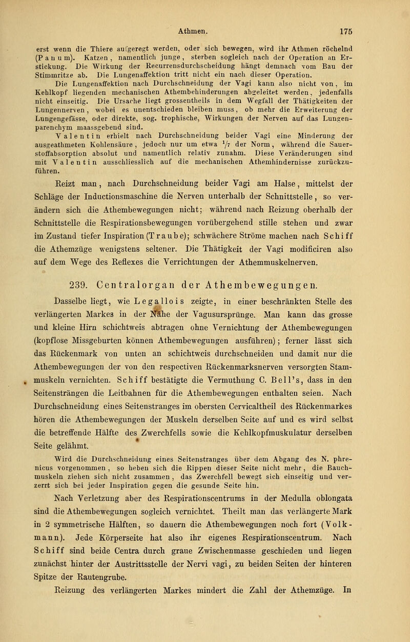 erst wenn die Thiere aufgeregt werden, oder sich bewegen, wird ihr Athmen röchelnd (P a u u m). Katzen , namentlich junge , sterben sogleich nach der Operation au Er- stickung. Die Wirliung der Kecurreusdurchscheidung hängt demnach vom Bau der Stimmritze ab. Die Lungenaflfektion tritt nicht ein nach dieser Operation. Die Lungenaffektion nach Durchschneidung der Vagi kann also nicht von, im Kehlkopf liegenden mechanischen Athembehinderungen abgeleitet werden, jedenfalls nicht einseitig. Die Ursache liegt grossentheils in dem Wegfall der Thätigkeiten der Lungennerven, wobei es unentschieden bleiben muss, ob mehr die Erweiterung der Lungengefässe, oder direkte, sog. trophische, Wirkungen der Nerven auf das Lungen- parenchym maassgebend sind. Valentin erhielt nach Durchschneidung beider Vagi eine Minderung der ausgeathmeten Kohlensäure , jedoch nur um etwa Y? der Norm, während die Sauer- stoffabsorption absolut und namentlich relativ zunahm. Diese Veränderungen sind mit Valentin ausschliesslich auf die mechanischen Athemhindernisse zurückzu- führen. Reizt man, nach Durchsclineidung beider Vagi am Halse, mittelst der Schläge der Inductionsmaschine die Nerven unterhalb der Schnittstelle, so ver- ändern sich die Athembewegungen nicht; während nach Reizung oberhalb der Schnittstelle die Respirationsbewegungen vorübergehend stille stehen und zwar im Zustand tiefer Inspiration (Traube); schwächere Ströme machen nach Schiff die Athemzüge wenigstens seltener. Die Thätigkeit der Vagi modificiren also auf dem Wege des Reflexes die Verrichtungen der Athemmuskelnerven. 239. Centralorgan der Athembewegungen. Dasselbe liegt, wie L e g a 11 o i s zeigte, in einer beschränkten Stelle des verlängerten Markes in der Nahe der Vagusursprünge. Man kann das grosse und kleine Hirn schichtweis abtragen ohne Vernichtung der Athembewegungen (kopflose Missgeburten können Athembewegungen ausführen); ferner lässt sich das Rückenmark von unten an schichtweis durchschneiden und damit nur die Athembewegungen der von den respectiven Rückenmarksnerven versorgten Stam- muskeln vernichten. Schiff bestätigte die Vermuthung C. Bell's, dass in den Seitensträngen die Leitbahnen für die Athembewegungen enthalten seien. Nach Durchschneidung eines Seitenstranges im obersten Cervicaltheil des Rückenmarkes hören die Athembewegungen der Muskeln derselben Seite auf und es wird selbst die betreffende Hälfte des Zwerchfells sowie die Kehlkopfmuskulatur derselben » Seite gelähmt. Wird die Durchschneidung eines Seitenstranges über dem Abgang des N. phre- nicus vorgenommen , so heben sich die Rippen dieser Seite nicht mehr, die Bauch- muskeln ziehen sich nicht zusammen , das Zwerchfell bewegt sich einseitig und ver- zerrt sich bei jeder Inspiration gegen die gesunde Seite hin. Nach Verletzung aber des Respirationscentrums in der MeduUa oblongata sind die Athembewegungen sogleich vernichtet. Theilt man das verlängerte Mark in 2 symmetrische Hälften, so dauern die Athembewegungen noch fort (Volk- mann). Jede Körperseite hat also ihr eigenes Respirationscentrum. Nach Schiff sind beide Centra durch graue Zwischenmasse geschieden und liegen zunächst hinter der Austrittsstelle der Nervi vagi, zu beiden Seiten der hinteren Spitze der Rautengrube. Reizung des verlängerten Markes mindert die Zahl der Athemzüge. In