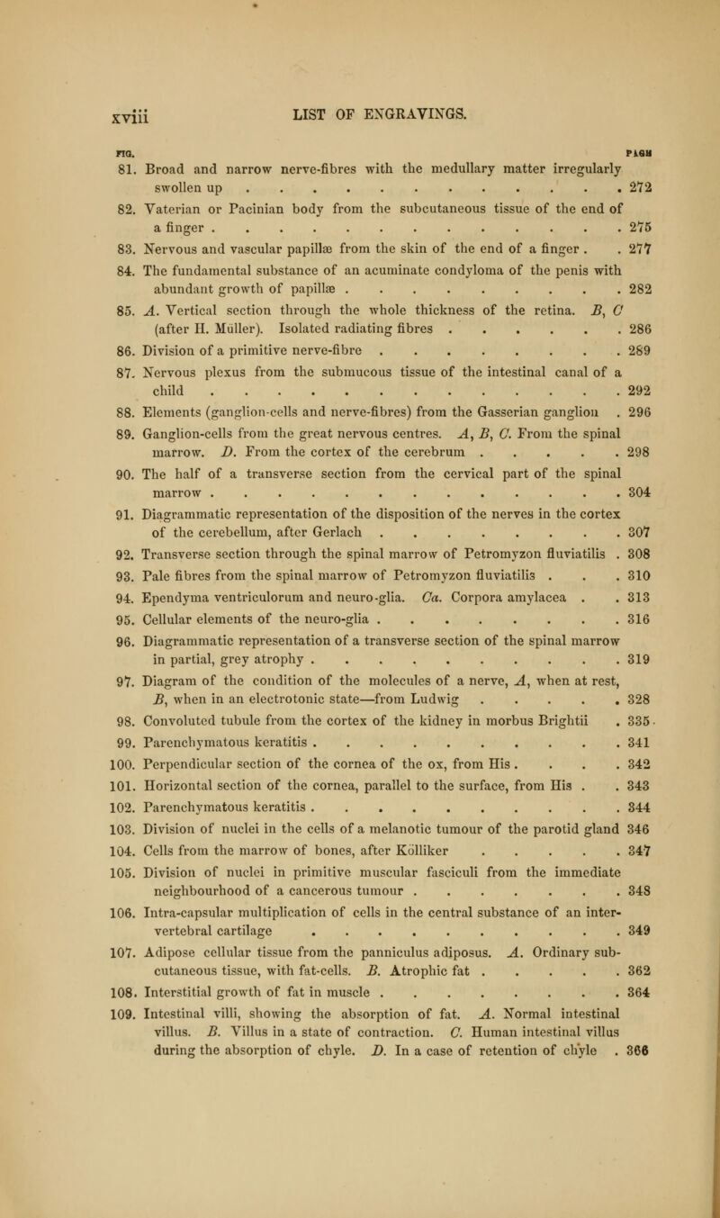 no. pish 81. Broad and narrow nerve-fibres with the medullary matter irregularly swollen up 272 82. Vaterian or Pacinian body from the subcutaneous tissue of the end of a finger 2*75 83. Nervous and vascular papillae from the skin of the end of a finger . . 277 84. The fundamental substance of an acuminate condyloma of the penis with abundant growth of papilla? ......... 282 85. A. Vertical section through the whole thickness of the retina. B, C (after H. Muller). Isolated radiating fibres 286 86. Division of a primitive nerve-fibre 289 87- Nervous plexus from the submucous tissue of the intestinal canal of a child 292 88. Elements (ganglion-cells and nerve-fibres) from the Gasserian ganglion . 296 89. Ganglion-cells from the great nervous centres. Ay 2?, C. From the spinal marrow. D. From the cortex of the cerebrum ..... 298 90. The half of a transverse section from the cervical part of the spinal marrow 304 91. Diagrammatic representation of the disposition of the nerves in the cortex of the cerebellum, after Gerlach ........ 307 92. Transverse section through the spinal marrow of Petromyzon fluviatilis . 308 93. Pale fibres from the spinal marrow of Petromyzon fluviatilis . . . 310 94. Ependyma ventriculorum and neuro-glia. Ca. Corpora amylacea . .313 95. Cellular elements of the neuro-glia 316 96. Diagrammatic representation of a transverse section of the spinal marrow in partial, grey atrophy 319 97. Diagram of the condition of the molecules of a nerve, A, when at rest, 2?, when in an electrotonic state—from Ludwig ..... 328 98. Convoluted tubule from the cortex of the kidney in morbus Brightii . 335 • 99. Parenchymatous keratitis 341 100. Perpendicular section of the cornea of the ox, from His .... 342 101. Horizontal section of the cornea, parallel to the surface, from His . . 343 102. Parenchymatous keratitis 344 103. Division of nuclei in the cells of a melanotic tumour of the parotid gland 346 104. Cells from the marrow of bones, after Kolliker 347 105. Division of nuclei in primitive muscular fasciculi from the immediate neighbourhood of a cancerous tumour 348 106. Intra-capsular multiplication of cells in the central substance of an inter- vertebral cartilage 349 107. Adipose cellular tissue from the panniculus adiposus. A. Ordinary sub- cutaneous tissue, with fat-cells. B. Atrophic fat 362 108. Interstitial growth of fat in muscle 364 109. Intestinal villi, showing the absorption of fat. A. Normal intestinal villus. B. Villus in a state of contraction. C. Human intestinal villus during the absorption of chyle. B. In a case of retention of chyle . 366