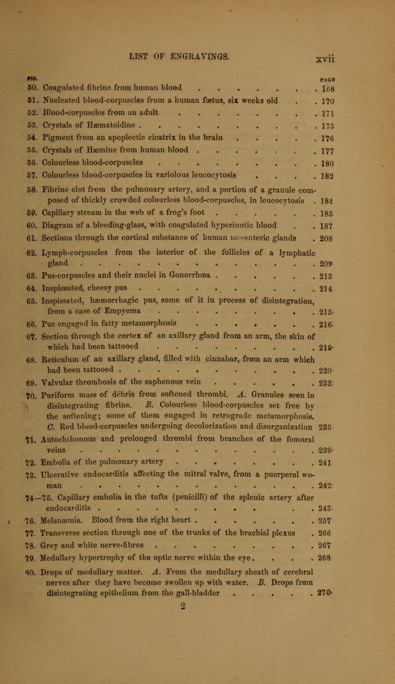 10- PAGH 50. Coagulated fibrinc from human blood . , 168 51. Nucleated blood-corpuscles from a human foetus, six weeks old . . 170 52. Blood-corpuscles from an adult 1*71 53. Crystals of Haematoidine .......... 175 54. Pigment from an apoplectic cicatrix in the brain 176 55. Crystals of Haemine from human blood 177 56. Colourless blood-corpuscles 180 57. Colourless blood-corpuscles in variolous leucocytosis .... 182 58. Fibrine clot from the pulmonary artery, and a portion of a granule com- posed of thickly crowded colourless blood-corpuscles, in leucocytosis . 184 59. Capillary stream in the web of a frog's foot 185 60. Diagram of a bleeding-glass, with coagulated hyperinotic blood . . 187 61. Sections through the cortical substance of human mesenteric glands . 208 62. Lymph-corpuscles from the interior of the follicles of a lymphatic gland 209 63. Pus-corpuscles and their nuclei in Gonorrhoea 213 64. Inspissated, cheesy pus 214 65. Inspissated, hemorrhagic pus, some of it in process of disintegration, from a case of Empyema 215- 66. Pus engaged in fatty metamorphosis 216■ 67. Section through the cortex of an axillary gland from an arm, the skin of which had been tattooed 219 68. Reticulum of an axillary gland, filled with cinnabar, from an arm which had been tattooed 220 69. Valvular thrombosis of the saphenous vein 232: 70. Puriform mass of debris from softened thrombi. A. Granules seen in \ disintegrating fibrine. B. Colourless blood-corpuscles set free by the softening; some of them engaged in retrograde metamorphosis. C. Red blood-corpuscles undergoing decolorization and disorganization 233 71. Autochthonous and prolonged thrombi from branches of the femoral veins 239J 72. Embolia of the pulmonary artery 241 73. Ulcerative endocarditis affecting the mitral valve, from a puerperal wo- man 242 74—75. Capillary embolia in the tufts (penicilli) of the splenic artery after endocarditis . . 243 76. Melanoemia. Blood from the right heart 257 77. Transverse section through one of the trunks of the brachial plexus . 266 78. Grey and white nerve-fibres 267 79. Medullary hypertrophy of the optic nerve within the eye. . . . 268 SO. Drops of medullary matter. A. From the medullary sheath of cerebral nerves after they have become swollen up with water. B. Drops from disintegrating epithelium from the gall-bladder 270-