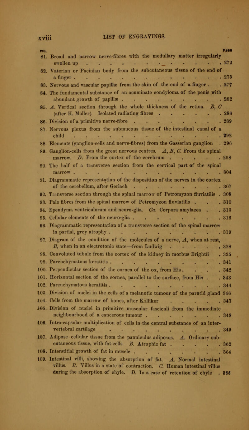 no. Pi«» 81. Broad and narrow nerve-fibres with the medullary matter irregulirly swollen up ^_ 272 82. Vaterian or Pacinian body from the subcutaneous tissue of the end of a finger 275 83. Nervous and vascular papillae from the skin of the end of a finger . . 277 84. The fundamental substance of an acuminate condyloma of the penis with abundant growth of papilla? 282 85. A. Vertical section through the whole thickness of the retina. B, C (after H. Miiller). Isolated radiating fibres 286 86. Division of a primitive nerve-fibre 289 87 Nervous plexus from the submucous tissue of the intestinal canal of a child 292 88. Elements (ganglion-cells and nerve-fibres) from the Gasserian ganglion . 296 89. Ganglion-cells from the great nervous centres. A, B, C. From the spinal marrow. I). From the cortex of the cerebrum 298 90. The half of a transverse section from the cervical part of the spinal marrow 304 91. Diagrammatic representation of the disposition of the nerves in the cortex of the cerebellum, after Gerlach ........ 307 92. Transverse section through the spinal marrow of Petromyzon fluviatilis . 308 93. Pale fibres from the spinal marrow of Petromyzon fluviatili3 . . . 310 94. Ependyma ventriculorum and neuroglia. Ca. Corpora amylacea . .313 95. Cellular elements of the neuro-glia 316 96. Diagrammatic representation of a transverse section of the spinal marrow in partial, grey atrophy .319 97. Diagram of the condition of the molecules of a nerve, A, when at rest, B, when in an electrotonic state—from Ludwig 328 98. Convoluted tubule from the cortex of the kidney in morbus Brightii . 335 99. Parenchymatous keratitis 341 100. Perpendicular section of the cornea of the ox, from His .... 342 101. Horizontal section of the cornea, parallel to the surface, from His . . 343 102. Parenchymatous keratitis 844 103. Division of nuclei in the cells of a melanotic tumour of the parotid gland 346 104. Cells from the marrow of bones, after Kolliker 347 105. Division of nuclei in primitive muscular fasciculi from the immediate neighbourhood of a cancerous tumour 348 106. Intra-capsular multiplication of cells in the central substance of an inter- vertebral cartilage 349 107. Adipose cellular tissue from the panniculus adiposus. A. Ordinary sub- cutaneous tissue, with fat-cells. B. Atrophic fat 362 108. Interstitial growth of fat in muscle 364 109. Intestinal villi, showing the absorption of fat. A. Normal intestinal villus. B. Villus in a state of contraction. C. Human intestinal villus during the absorption of chyle. D. In a case of retention of chyle . 868