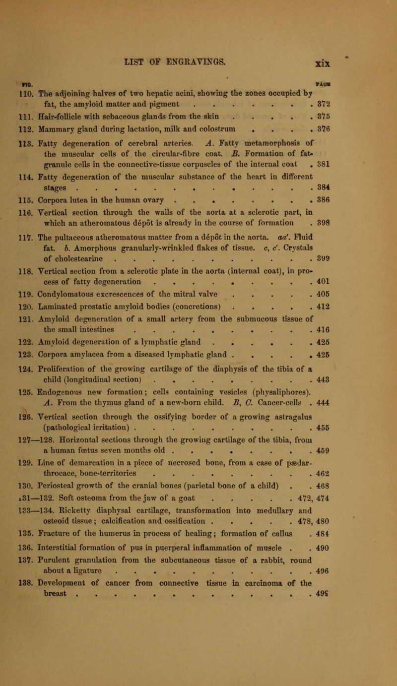 no. no« 110. The adjoining halves of two hepatic acini, showing the zones occupied by fat, the amyloid matter and pigment ....... 372 111. Hair-follicle with sebaceous glands from the skin 3*75 112. Mammary gland during lactation, milk and colostrum .... 376 113. Fatty degeneration of cerebral arteries. A. Fatty metamorphosis of the muscular cells of the circular-fibre coat. B. Formation of fat- granule cells in the connective-tissue corpuscles of the internal coat .381 114. Fatty degeneration of the muscular substance of the heart in different stages 384 115. Corpora lutea in the human ovary 386 116. Vertical section through the walls of the aorta at a sclerotic part, in which an atheromatous depot is already in the course of formation . 398 117. The pultaceous atheromatous matter from a depot in the aorta, aa'. Fluid fat. 6. Amorphous granularly-wrinkled flakes of tissue, c, c'. Crystals of cholestearine ........... 399 118. Vertical section from a sclerotic plate in the aorta (internal coat), in pro- cess of fatty degeneration 401 119. Condylomatous excrescences of the mitral valve 405 120. Laminated prostatic amyloid bodies (concretions) 412 121. Amyloid degeneration of a small artery from the submucous tissue of the small intestines . . .416 122. Amyloid degeneration of a lymphatic gland ...... 425 123. Corpora amylacea from a diseased lymphatic gland 425 124. Proliferation of the growing cartilage of the diaphysis of the tibia of a child (longitudinal section) 443 125. Endogenous new formation; cells containing vesicles (physaliphores). A. From the thymus gland of a new-born child. B, C. Cancer-cells . 444 126. Vertical section through the ossifying border of a growing astragalus (pathological irritation) .......... 455 127—128. Horizontal sections through the growing cartilage of the tibia, from a human foetus seven months old 459 129. Line of demarcation in a piece of necrosed bone, from a case of paedar- throcace, bone-territories 462 130. Periosteal growth of the cranial bones (parietal bone of a child) . . 468 i31—132. Soft osteoma from the jaw of a goat 472,474 133—134. Ricketty diaphysal cartilage, transformation into medullary and osteoid tissue ; calcification and ossification ..... 478, 480 135. Fracture of the humerus in process of healing; formation of callus . 48i 136. Interstitial formation of pus in puerperal inflammation of muscle . . 490 137. Purulent granulation from the subcutaneous tissue of a rabbit, round about a ligature 496 138. Development of cancer from connective tissue in carcinoma of the breast 49£