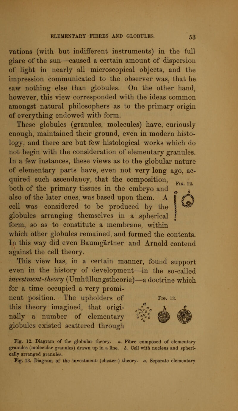 vations (with but indifferent instruments) in the full glare of the sun—caused a certain amount of dispersion of light in nearly all microscopical objects, and the impression communicated to the observer was, that he saw nothing else than globules. On the other hand, however, this view corresponded with the ideas common amongst natural philosophers as to the primary origin of everything endowed with form. These globules (granules, molecules) have, curiously enough, maintained their ground, even in modern histo- logy, and there are but few histological works which do not begin with the consideration of elementary granules. In a few instances, these views as to the globular nature of elementary parts have, even not very long ago, ac- quired such ascendancy, that the composition, both of the primary tissues in the embryo and h also of the later ones, was based upon them. A § ^\ cell was considered to be produced by the ^O0° globules arranging themselves in a spherical form, so as to constitute a membrane, within which other globules remained, and formed the contents. In this way did even Baumgartner and Arnold contend against the cell theory. This view has, in a certain manner, found support even in the history of development—in the so-called investment-theory (Umhullungstheorie)—a doctrine which for a time occupied a very promi- nent position. The upholders of Fig. is. this theory imagined, that origi- o00°0 oo p nally a number of elementary °o%0°°o ||p globules existed scattered through Fig. 12. Diagram of the globular theory. a. Fibre composed of elementary granules (molecular granules) drawn up in a line. b. Cell with nucleus and spheri- cally arranged granules. Fig. 13. Diagram of the investment- (cluster-) theory, a. Separate elementary