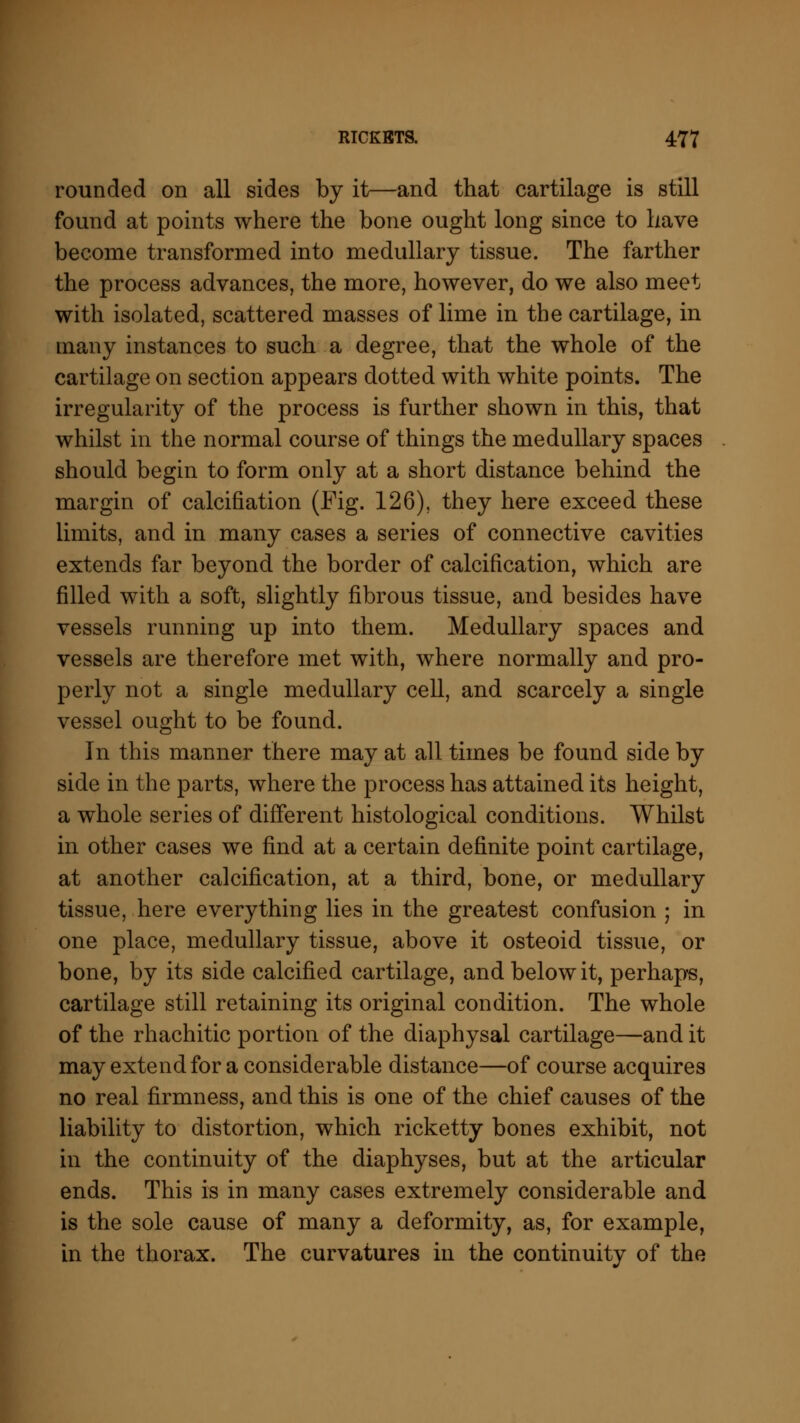 rounded on all sides by it—and that cartilage is still found at points where the bone ought long since to have become transformed into medullary tissue. The farther the process advances, the more, however, do we also meet with isolated, scattered masses of lime in the cartilage, in many instances to such a degree, that the whole of the cartilage on section appears dotted with white points. The irregularity of the process is further shown in this, that whilst in the normal course of things the medullary spaces should begin to form only at a short distance behind the margin of calcifiation (Fig. 126), they here exceed these limits, and in many cases a series of connective cavities extends far beyond the border of calcification, which are filled with a soft, slightly fibrous tissue, and besides have vessels running up into them. Medullary spaces and vessels are therefore met with, where normally and pro- perly not a single medullary cell, and scarcely a single vessel ought to be found. In this manner there may at all times be found side by side in the parts, where the process has attained its height, a whole series of different histological conditions. Whilst in other cases we find at a certain definite point cartilage, at another calcification, at a third, bone, or medullary tissue, here everything lies in the greatest confusion ; in one place, medullary tissue, above it osteoid tissue, or bone, by its side calcified cartilage, and below it, perhaps, cartilage still retaining its original condition. The whole of the rhachitic portion of the diaphysal cartilage—and it may extend for a considerable distance—of course acquires no real firmness, and this is one of the chief causes of the liability to distortion, which ricketty bones exhibit, not in the continuity of the diaphyses, but at the articular ends. This is in many cases extremely considerable and is the sole cause of many a deformity, as, for example, in the thorax. The curvatures in the continuity of the