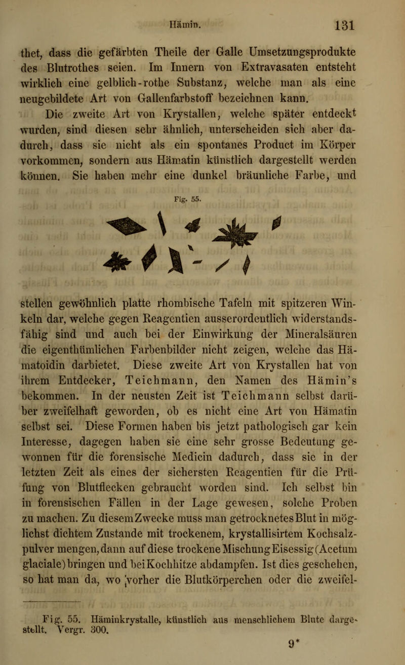 thet, dass die gefärbten Theile der Galle Umsetzungsprodukte des Blutrotlies seien. Im Innern von Extravasaten entsteht wirklich eine gelblich-rothe Substanz, welche man als eine neugebildete Art von Gallenfarbstoff bezeichnen kann. Die zweite Art von Krystallen, welche später entdeckt wurden, sind diesen sehr ähnlich, unterscheiden sich aber da- durch, dass sie nicht als ein spontanes Product im Körper vorkommen, sondern aus Hämatin künstlich dargestellt werden können. Sie haben mehr eine dunkel bräunliche Farbe, und Fig. 55. stellen gewöhnlich platte rhombische Tafeln mit spitzeren Win- keln dar, welche gegen Reagentien ausserordentlich widerstands- fähig sind und auch bei der Einwirkung der Mineralsäuren die eigenthümlichen Farbenbilder nicht zeigen, welche das Hä- matoidin darbietet. Diese zweite Art von Krystallen hat von ihrem Entdecker, Teichmann, den Namen des Hämin's bekommen. In der neusten Zeit ist Teich mann selbst darü- ber zweifelhaft geworden, ob es nicht eine Art von Hämatin selbst sei. Diese Formen haben bis jetzt pathologisch gar kein Interesse, dagegen haben sie eine sehr grosse Bedeutung ge- wonnen für die forensische Medicin dadurch, dass sie in der letzten Zeit als eines der sichersten Reagentien für die Prü- fung von Blutflecken gebraucht worden sind. Ich selbst bin in forensischen Fällen in der Lage gewesen, solche Proben zu machen. Zu diesem Zwecke muss man getrocknetes Blut in mög- lichst dichtem Zustande mit trockenem, krystallisirtem Kochsalz- pulver mengen, dann auf diese trockene Mischung Eisessig (Acetum glaciale)bringen und beiKochhitze abdampfen. Ist dies geschehen, so hat man da, wo [vorher die Blutkörperchen oder die zweifel- Fig. 55. Häminkrystalle, künstlich aus menschlichem Blute darge- stellt. Vergr. 300. 9*