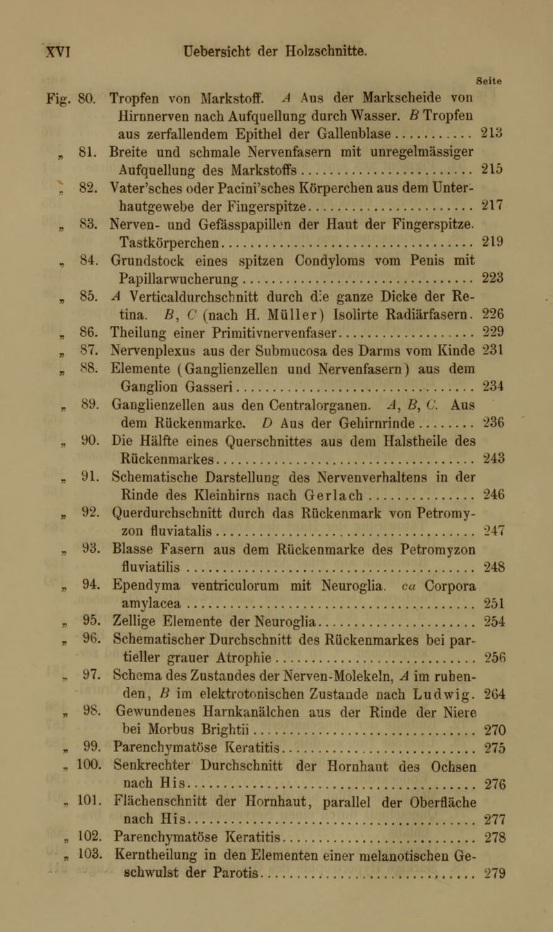 Seite Fig. 80. Tropfen von Markstoff. A Ans der Markscheide von Hirnnerven nach Aufquellung durch Wasser. B Tropfen aus zerfallendem Epithel der Gallenblase 213 „ 81. Breite und schmale Nervenfasern mit unregelmässiger Aufquellung des Markstoifs 215 J 82. Vater'sches oder Pacini'sches Körperchen aus dem Unter- hautgewebe der Fingerspitze 217 „ 83. Nerven- und Gefässpapillen der Haut der Fingerspitze. Tastkörperchen 219 „ 84. Grundstock eines spitzen Condyloms vom Penis mit Papillarwucherung 223 „ 85. A Verticaldurchschnitt durch die ganze Dicke der Re- tina. #, C (nach H. Müller) Isolirte Radiärfasern. 226 „ 86. Theilung einer Primitivnervenfaser 229 „ 87. Nervenplexus aus der Submucosa des Darms vom Kinde 231 „ 88. Elemente (Ganglienzellen und Nervenfasern) aus dem Ganglion Gasseri 234 „ 89. Ganglienzellen aus den Centralorganen. A, ß, C. Aus dem Rückenmarke. D Aus der Gehirnrinde 236 „ 90. Die Hälfte eines Querschnittes aus dem Halstheile des Rückenmarkes 243 „ 91. Schematische Darstellung des Nervenverhaltens in der Rinde des Kleinhirns nach Gerlach 246 „ 92. Querdurchschnitt durch das Rückenmark von Petromy- zon fluviatalis 247 „ 93. Blasse Fasern aus dem Rückenmarke des Petromyzon fluviatilis 248 „ 94. Ependyma ventriculorum mit Neuroglia. ca Corpora amylacea 251 „ 95. Zellige Elemente der Neuroglia 254 „ 96. Schematischer Durchschnitt des Rückenmarkes bei par- tieller grauer Atrophie 256 „ 97. Schema des Zustandes der Nerven-Molekeln, A im ruhen- den, B im elektrotonischen Zustande nach Ludwig. 264 „ 98. Gewundenes Harnkanälchen aus der Rinde der Niere bei Morbus Brightii 270 „ 99. Parenchymatöse Keratitis 275 . 100. Senkrechter Durchschnitt der Hornhaut des Ochsen nach His 276 ,. 101. Flächenschnitt der Hornhaut, parallel der Oberfläche nach His 277 „ 102. Parenchymatöse Keratitis 278 „ 103. Kerntheilung in den Elementen einer melanotischen Ge- schwulst der Parotis 279