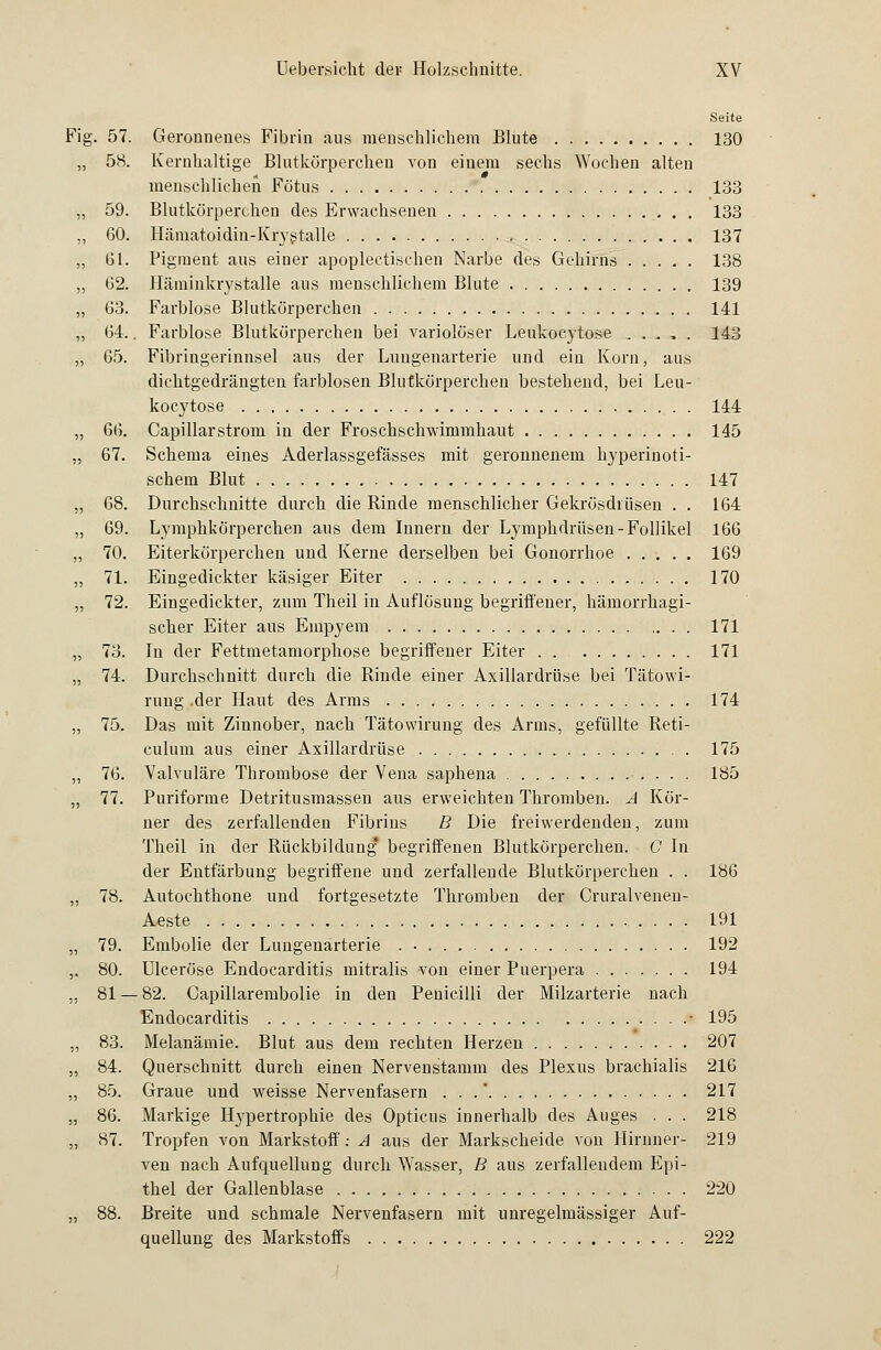 Seite Fig. 57. Geronnenes Fibrin aus menschlichem Blute 130 „ 58. Kernhaltige Blutkörperchen von einem sechs Wochen alten menschlichen Fötus 133 59. Blutkörperchen des Erwachsenen 133 60. Hämatoidin-Krystalle 137 Gl. Pigment aus einer apoplectischen Narbe des Gehirns 138 62. Häminkrystalle aus menschlichem Blute 139 63. Farblose Blutkörperchen 141 64.. Farblose Blutkörperchen bei variolöser Leukocytose . . . „ . 143 65. Fibringerinnsel aus der Lungenarterie und ein Korn, ans dichtgedrängten farblosen Blutkörperchen bestehend, bei Leu- kocytose ..... 144 66. Capillarström in der Froschschwimmhaut 145 67. Schema eines Aderlassgefässes mit geronnenem hyperinoti- schem Blut 147 68. Durchschnitte durch die Rinde menschlicher Gekrösdrüsen . . 164 69. Lymphkörperchen aus dem Innern der Lymphdrüsen-Follikel 166 70. Eiterkörperchen und Kerne derselben bei Gonorrhoe 169 71. Eingedickter käsiger Eiter 170 72. Eingedickter, zum Theil in Auflösung begriffener, hämorrhagi- scher Eiter aus Empyem 171 73. In der Fettmetamorphose begriffener Eiter . . 171 74. Durchschnitt durch die Rinde einer Axillardrüse bei Tätowi- rung der Haut des Arms 174 75. Das mit Zinnober, nach Tätowirung des Arms, gefüllte Reti- culum aus einer Axillardrüse 175 76. Valvuläre Thrombose der Vena saphena 185 77. Puriforme Detritusmassen aus erweichten Thromben. A Kör- ner des zerfallenden Fibrins B Die freiwerdenden, zum Theil in der Rückbildung begriffenen Blutkörperchen. C In der Entfärbung begriffene und zerfallende Blutkörperchen . . 186 78. Autochthone und fortgesetzte Thromben der Cruralvenen- Aeste 191 79. Embolie der Lungenarterie 192 80. Ulceröse Endocarditis mitralis von einer Puerpera 194 81 — 82. Capillarembolie in den Penicilli der Milzarterie nach Endocarditis - 195 83. Melanämie. Blut aus dem rechten Herzen 207 84. Querschnitt durch einen Nervenstamm des Plexus brachialis 216 85. Graue und weisse Nervenfasern . . .' 217 86. Markige Hypertrophie des Opticus innerhalb des Auges . . . 218 87. Tropfen von Markstoff: A aus der Markscheide von Hirnner- 219 ven nach Aufquellung durch Wasser, B aus zerfallendem Epi- thel der Gallenblase 220 88. Breite und schmale Nervenfasern mit unregelmässiger Auf- quellung des Markstoffs 222