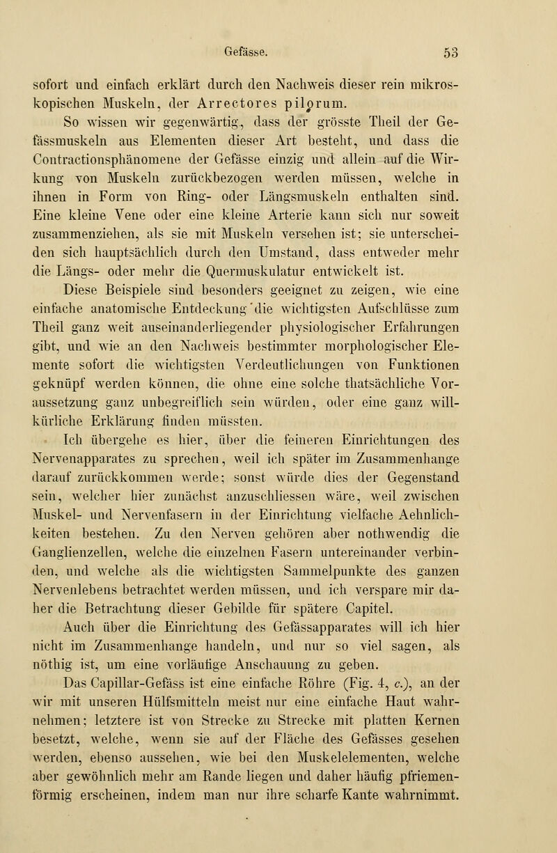 sofort und einfach erklärt durch den Nachweis dieser rein mikros- kopischen Muskeln, der Arrectores pilprum. So wissen wir gegenwärtig., dass der grösste Theil der Ge- fässmuskeln aus Elementen dieser Art besteht, und dass die Contractionsphänomene der Gefässe einzig und allein auf die Wir- kung von Muskeln zurückbezogen werden müssen, welche in ihnen in Form von Ring- oder Längsmuskeln enthalten sind. Eine kleine Vene oder eine kleine Arterie kann sich nur soweit zusammenziehen, als sie mit Muskeln versehen ist; sie unterschei- den sich hauptsächlich durch den Umstand, dass entweder mehr die Längs- oder mehr die Quermuskulatur entwickelt ist. Diese Beispiele sind besonders geeignet zu zeigen, wie eine einfache anatomische Entdeckung'die wichtigsten Aufschlüsse zum Theil ganz weit auseinanderliegender physiologischer Erfahrungen gibt, und wie an den Nachweis bestimmter morphologischer Ele- mente sofort die wichtigsten Verdeutlichungen von Funktionen geknüpf werden können, die ohne eine solche thatsächliche Vor- aussetzung ganz unbegreiflich sein würden, oder eine ganz will- kürliche Erklärung finden müssten. Ich übergehe es hier, über die feineren Einrichtungen des Nervenapparates zu sprechen, weil ich später im Zusammenhange darauf zurückkommen werde; sonst würde dies der Gegenstand sein, welcher hier zunächst anzuschliessen wäre, weil zwischen Muskel- und Nervenfasern in der Einrichtung vielfache Aehnlich- keiten bestehen. Zu den Nerven gehören aber nothwendig die Ganglienzellen, welche die einzelnen Fasern untereinander verbin- den, und welche als die wichtigsten Sammelpunkte des ganzen Nervenlebens betrachtet werden müssen, und ich verspare mir da- her die Betrachtung dieser Gebilde für spätere Capitel. Auch über die Einrichtung des Gefässapparates will ich hier nicht im Zusammenhange handeln, und nur so viel sagen, als nöthig ist, um eine vorläufige Anschauung zu geben. Das Capillar-Gefäss ist eine einfache Röhre (Fig. 4, <?.), an der wir mit unseren Hülfsmitteln meist nur eine einfache Haut wahr- nehmen; letztere ist von Strecke zu Strecke mit platten Kernen besetzt, welche, wenn sie auf der Fläche des Gefässes gesehen werden, ebenso aussehen, wie bei den Muskelelementen, welche aber gewöhnlich mehr am Rande liegen und daher häufig pfriemen- förmig erscheinen, indem man nur ihre scharfe Kante wahrnimmt.