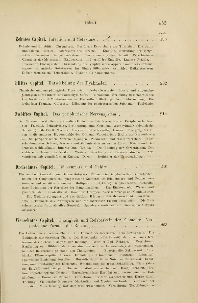 Zehntes Capitel. Infection und Metastase . . * 183 Pyämie und Phlebitis. Thronibosis. Puriforme Erweichung der Thromben. Die wahre und falsche Phlebitis. Eitercysten des Herzens. — Embolie. Bedeutung der fortge- setzten Thromben. Lungenmetastasen. Zertrümmerung der Emboli. Verschiedener Charaeter der Metastasen. Endocarditis und capilläre Embolie. Latente Pyämie. — Inficirende Flüssigkeiten. Erkrankung der lymphatischen Apparate und der Secretions- organe. Chemische Substanzen im Blute: Silbersalze, Arthritis, Kalkmetastasen. Diffuse Metastasen. Ichorrhämie. Pyämie als Sammelname. — Eilftes Capitel. Entwicklung der Dyskrasien 202 Chemische und morphologische Dyskrasien. Krebs - Dyscrasie. Locale und allgemeine Contagion durch infectiöse Parenchym-Säfte. — Melanämie. Beziehung zu melanotischen Geschwülsten und Milzfärbungen. — Die rothen Blutkörperchen. Abstammung. Die melanösen Formen. Chlorose. Lähmung der respiratorischen Substanz. Toxicämie. Zwölftes Capitel. Das peripherische Nervensystem .... . . 214 Der Nervenapparat. Seine prätendirte Einheit. — Die Nervenfasern. Peripherische Ner- ven: Fascikel, Primitivfaser, Perineurium und Neurilem. Axencyünder (elektrische Substanz). Markstoff (Myelin). Marklose und markhaltige Fasern. Uebergang der ei- nen in die anderen: Hypertrophie des Opticus. Verschiedene Breite der Nervenfasern. — Die peripherischen Nervenendigungen: Pacinische und Tastkörperchen. Unter- scheidung von Gefäss-, Nerven- und Zellenterritorien an der Haut. Riech- und Ge- schmacksschleimhaut. Inneres Ohr. Retina. — Die Theilung der Nervenfasern. Das elektrische Organ. Die Muskeln. Weitere Betrachtung der Nerventerritorien. — Ner- venplexus mit ganglioformen Knoten. Darm. — Irrthiimer der Neuropathologen. — Dreizehntes Capitel. Rückenmark und Gehirn 240 Die nervösen Centralorgane. Graue Substanz. Pigmentirte Ganglienzellen. Verschieden- heiten der Ganglienzellen: sympathische Elemente im Rückenmark und Gehirn, mo- torische und sensitive Elemente. Multipolare (polyklone) Ganglienzellen. Verschie- dene Bedeutung der Fortsätze der Ganglienzellen. — Das Rückenmark. Weisse und graue Substanz. Centralkanal. Gangliöse Gruppen. Weisse Stränge und Commissuren. — Die Medulla oblongata und das Gehirn. Körner- und Stäbchenschicht desselben. — Das Rückenmark des Petromyzon und die maTklosen Fasern desselben. — Die Zwi- schensubstanz (interstitielles Gewebe). Ependyma ventriculorum. Neuroglia. Corpora amylacea, Vierzehutes Capitel. Thätigkeit und Reizbarkeit der Elemente. Ver- schiedene Formen der Reizung 263 Das Leben der einzelnen Theile. Die Einheit der Neuristen. Das Bewusstsein. Die Thätigkeit der einzelnen Theile. Die Erregbarkeit (Reizbarkeit) als allgemeines Kri- terium des Lebens. Begriff der Reizung. Partieller Tod, Nekrose. — Verrichtung, Ernährung und Bildung als allgemeine Formen der Lebensthätigkeit. Verschieden- heit der Reizbarkeit je nach den Thätigkeiten. — Functionelle Reizbarkeit. Nerv, Muskel, Flimmerepithel, Drüsen. Ermüdung und functionelle Restitution. Reizmittel. Specifische Beziehung derselben. Muskelirritabilität. — Nutritive Reizbarkeit. Erhal- tung und Zerstörung der Elemente. Entzündung: die trübe Schwellung. Niere (Mor- bus Brightii) und Knorpel. Die neuropathologische Doctrin. Haut, Hornhaut. Die humoralpätiologische Doctrin. Parenchymatöses Exsudat und parenchymatöse Ent- zündung. — Formative Reizung. Vermehrung der Kemkörperchen und Kerne durch Theilung. Vielkernige Elemente: Markzellen und Myeloidgeschwulst. Vergleich der formativen Muskelreizung mit dem Muskelwachsthum. Vermehrung (Neubildung) der