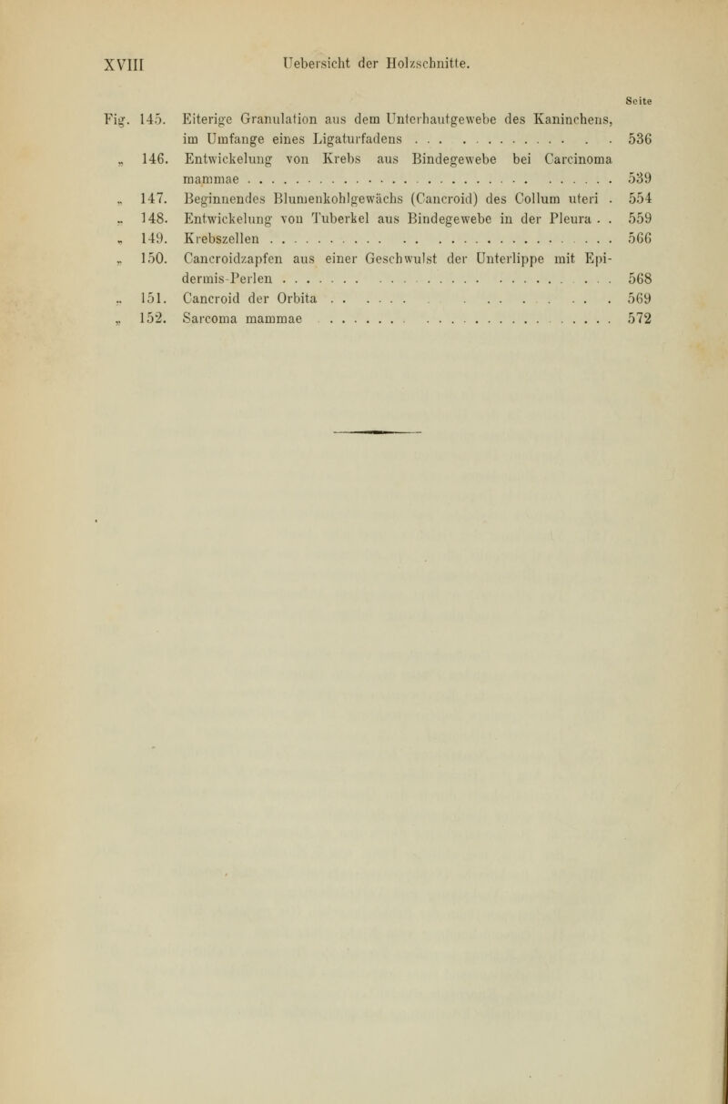 Seite Fig. 145. Eiterige Granulation aus dem Unterhautgewebe des Kaninchens, im Umfange eines Ligaturfadens 536 „ 146. Entwickelung von Krebs aus Bindegewebe bei Carcinoma mammae 539 147. Beginnendes Blumenkohlgewächs (Cancroid) des Collum uteri . 554 .. 148. Entwickelung von Tuberkel aus Bindegewebe in der Pleura . . 559 149. Krebszellen 566 „ 150. Cancroidzapfen aus einer Geschwulst der Unterlippe mit Epi- dermis-Perlen 568 151. Cancroid der Orbita 569 ,, 152. Sarcoma mammae 572