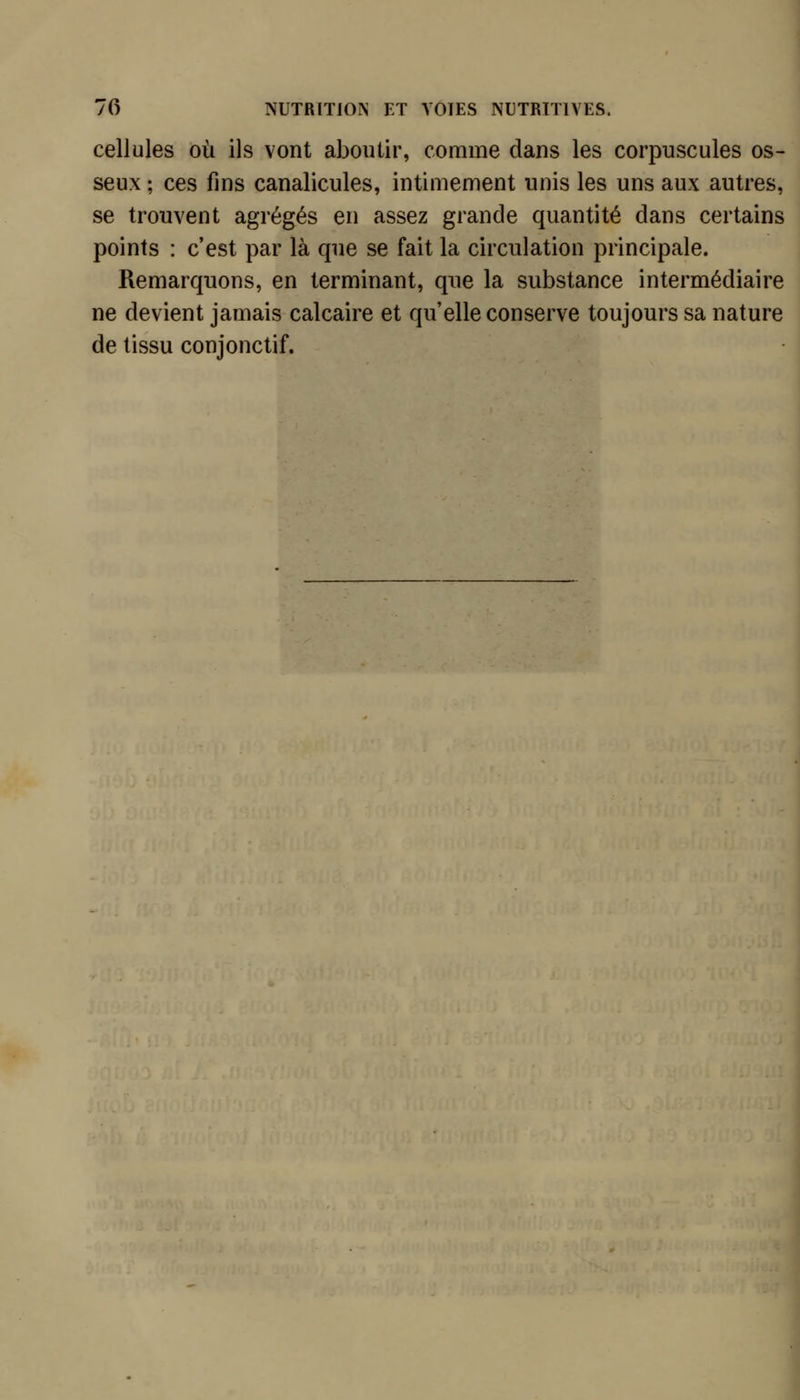 cellules où ils vont aboutir, comme dans les corpuscules os- seux ; ces fins canalicules, intimement unis les uns aux autres, se trouvent agrégés en assez grande quantité dans certains points : c'est par là que se fait la circulation principale. Remarquons, en terminant, que la substance intermédiaire ne devient jamais calcaire et qu'elle conserve toujours sa nature de tissu conjonctif.