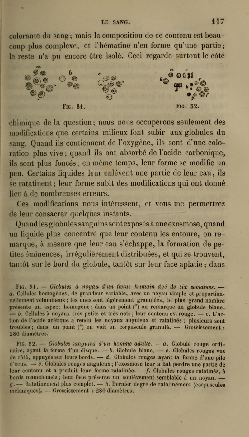 colorante du sang; mais la composition de ce contenu est beau- coup plus complexe, et l'hématine n'en forme qu'une partie; le reste n'a pu encore être isolé. Ceci regarde surtout le côté FiG. 51. FiG. 52. chimique de la question ; nous nous occuperons seulement des modifications que certains milieux font subir aux globules du sang. Quand ils contiennent de l'oxygène, ils sont d'une colo- ration plus vive ; quand ils ont absorbé de l'acide carbonique, ils sont plus foncés; en même temps, leur forme se modifie un peu. Certains liquides leur enlèvent une partie de leur eau, ils se ratatinent ; leur forme subit des modifications qui ont donné lieu à de nombreuses erreurs. Ces modifications nous intéressent, et vous me permettrez de leur consacrer quelques instants. Quand les globules sanguins sont exposés aune exosmose, quand un liquide plus concentré que leur contenu les entoure, on re- marque, à mesure que leur eau s'échappe, la formation de pe- tites éminences, irrégulièrement distribuées, et qui se trouvent, tantôt sur le bord du globule, tantôt sur leur face aplatie ; dans FiG. 51. — Globules à noyau d'un fœtus humain âgé de six semaines. — a. Cellules homogènes, de grandeur variable, avec un noyau simple et proportion- nellement volumineux; les unes sont légèrement granulées, le plus grand nombre présente un aspect homogène; dans un point (*) on remarque un globule blanc. — b. Cellules à noyaux très petits et très nets; leur contenu est rouge. — c. L'ac- tion de l'acide acétique a rendu les noyaux anguleux et ratatinés ; plusieurs sont troubles ; dans un point (*) on voit un corpuscule granulé. — Grossissement : 280 diamètres. FiG, 52. — Globules sanguins d'un homme adulte. — a. Globule rouge ordi- naire, ayant la forme d'un disque. — b. Globule blanc. — c. Globules rouges vus de côté, appuyés sur leurs bords. — d. Globules rouges ayant la forme d'une pile d'écus. — e. Globules rouges anguleux; l'exosmose leur a fait perdre une partie de leur contenu et a produit leur forme ratatinée. —f. Globules rouges ratatinés, à bords mamelonnés; leur face présente un soulèvement semblable à un noyau. g.— Ralatinement plus complet. — h. Dernier degré de ratatinement (corpuscules mélaniques). —Grossissement : 280 diamètres.