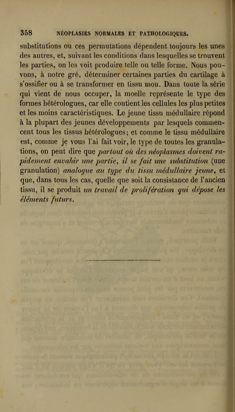 substitutions ou ces permutations dépendent toujours les unes des autres, et, suivant les conditions dans lesquelles se trouvent les parties, on les voit produire telle ou telle forme. Nous pou- vons, à notre gré, déterminer certaines parties du cartilage à s'ossifier ou à se transformer en tissu mou. Dans toute la série qui vient de nous occuper, la moelle représente le type des formes hétérologues, car elle contient les cellules les plus petites et les moins caractéristiques. Le jeune tissu médullaire répond à la plupart des jeunes développements par lesquels commen- cent tous les tissus hétérologues ; et comme le tissu médullaire est, comme je vous Tai fait voir, le type de toutes les granula- tions, on peut dire que partout où des néoplasmes doivent ra- pidement envahir une partie^ il se fait une substitution (une granulation) analogue au type du tissu médullaire jeune^ et que, dans tous les cas, quelle que soit la consistance de l'ancien tissu, il se produit un travail de prolifération qui dépose les éléments futurs.