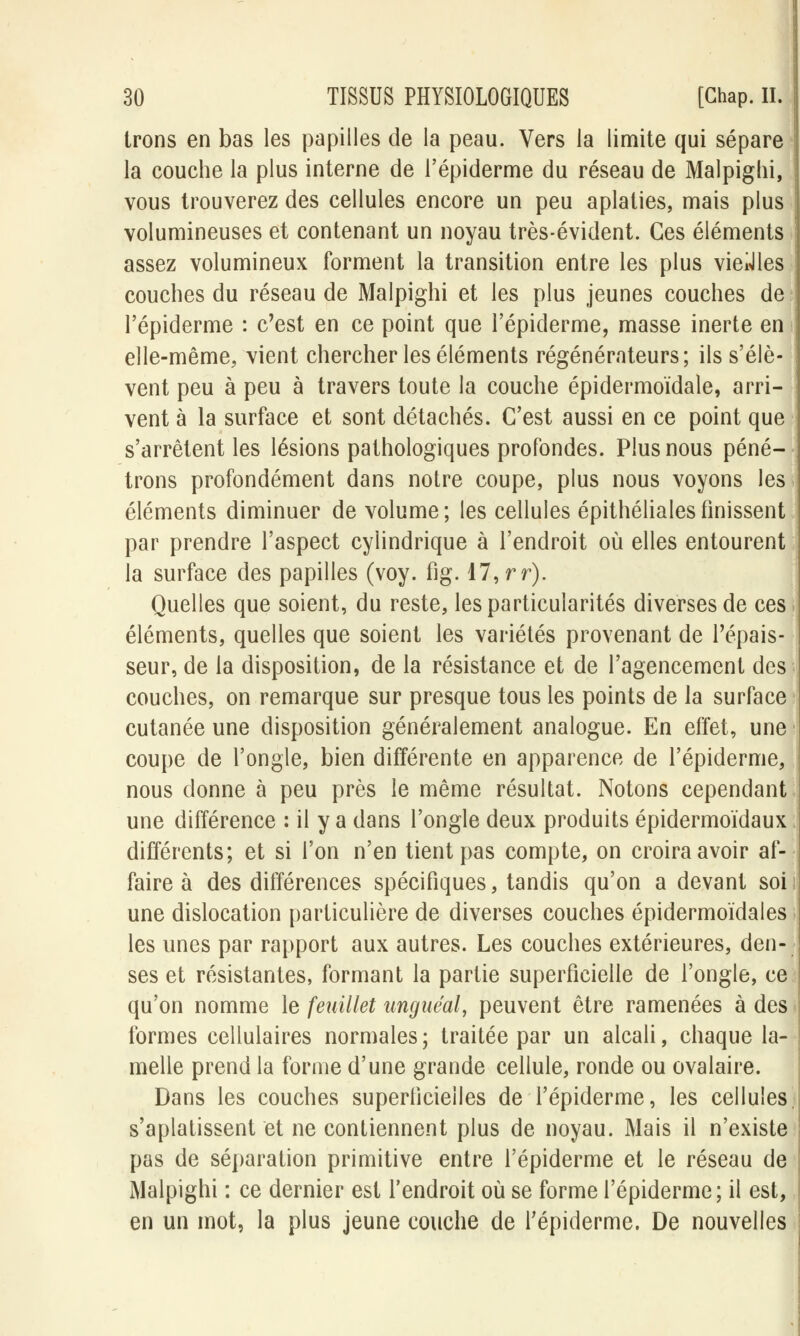 Irons en bas les papilles de la peau. Vers la limite qui sépare la couche la plus interne de l'épiderme du réseau de Malpighi, vous trouverez des cellules encore un peu aplaties, mais plus volumineuses et contenant un noyau très-évident. Ces éléments assez volumineux forment la transition entre les plus vieilles couches du réseau de Malpighi et les plus jeunes couches de l'épiderme : c'est en ce point que l'épiderme, masse inerte en elle-même, vient chercher les éléments régénérateurs; ils s'élè- vent peu à peu à travers toute la couche épidermoïdale, arri- vent à la surface et sont détachés. C'est aussi en ce point que s'arrêtent les lésions pathologiques profondes. Plus nous péné- trons profondément dans notre coupe, plus nous voyons les éléments diminuer de volume; les cellules épithélialesfinissent par prendre l'aspect cylindrique à l'endroit où elles entourent la surface des papilles (voy. fig. 17, rr). Quelles que soient, du reste, les particularités diverses de ces éléments, quelles que soient les variétés provenant de l'épais- seur, de la disposition, de la résistance et de l'agencement des couches, on remarque sur presque tous les points de la surface cutanée une disposition généralement analogue. En effet, une coupe de l'ongle, bien différente en apparence de l'épiderme, nous donne à peu près le même résultat. Notons cependant une différence : il y a dans l'ongle deux produits épidermoïdaux différents; et si l'on n'en tient pas compte, on croira avoir af- faire à des différences spécifiques, tandis qu'on a devant soi une dislocation particulière de diverses couches épidermoïdales les unes par rapport aux autres. Les couches extérieures, den- ses et résistantes, formant la partie superficielle de l'ongle, ce qu'on nomme le feuillet unguéal, peuvent être ramenées à des ! formes cellulaires normales; traitée par un alcali, chaque la- melle prend la forme d'une grande cellule, ronde ou ovalaire. Dans les couches superficielles de l'épiderme, les cellules, s'aplatissent et ne contiennent plus de noyau. Mais il n'existe pas de séparation primitive entre l'épiderme et le réseau de Malpighi : ce dernier est l'endroit où se forme l'épiderme; il est, en un mot, la plus jeune couche de l'épiderme. De nouvelles