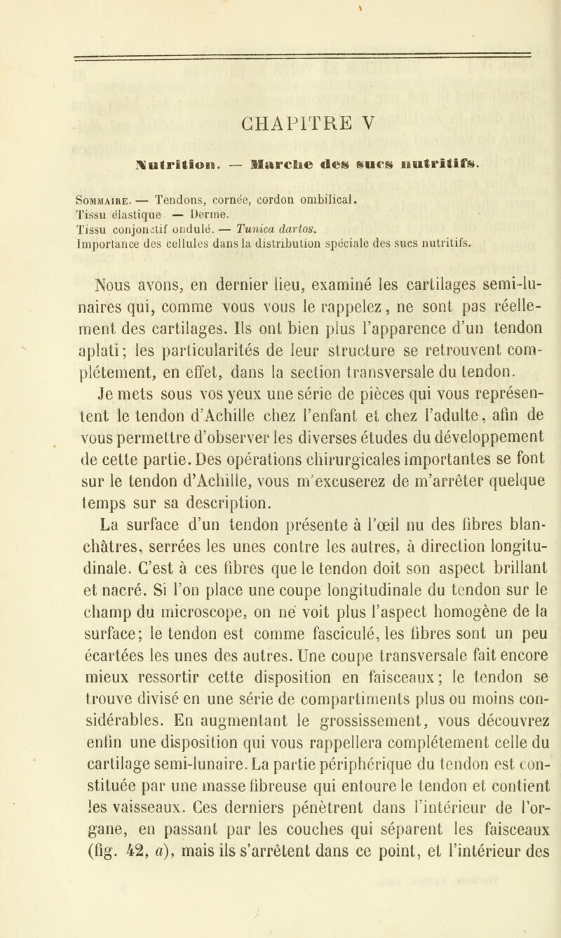 CHAPITRE V Nutrition». — Marche des sucs nutritifs. Sommaire. — Tendons, cornée, cordon ombilical. Tissu élastique — Derme. Tissu conjonctif ondulé. — Tunica dartos. Importance des cellules dans la distribution spéciale des sucs nutritifs. Nous avons, en dernier lieu, examiné les cartilages semi-lu- naires qui, comme vous vous le rappelez, ne sont pas réelle- ment des cartilages. Ils ont bien plus l'apparence d'un tendon aplati; les particularités de leur structure se retrouvent com- plètement, en effet, dans la section transversale du tendon. Je mets sous vos yeux une série de pièces qui vous représen- tent le tendon d'Achille chez l'enfant et chez l'adulte, afin de vous permettre d'observer les diverses études du développement de cette partie. Des opérations chirurgicales importantes se font sur le tendon d'Achille, vous m'excuserez de m'arrêter quelque temps sur sa description. La surface d'un tendon présente à l'œil nu des fibres blan- châtres, serrées les unes contre les autres, à direction longitu- dinale. C'est à ces libres que le tendon doit son aspect brillant et nacré. Si l'on place une coupe longitudinale du tendon sur le champ du microscope, on né voit plus l'aspect homogène de la surface; le tendon est comme fascicule, les fibres sont un peu écartées les unes des autres. Une coupe transversale fait encore mieux ressortir cette disposition en faisceaux; le tendon se trouve divisé en une série de compartiments plus ou moins con- sidérables. En augmentant le grossissement, vous découvrez enfin une disposition qui vous rappellera complètement celle du cartilage semi-lunaire. La partie périphérique du tendon est con- stituée par une masse fibreuse qui entoure le tendon et contient les vaisseaux. Ces derniers pénètrent dans l'intérieur de l'or- gane, en passant par les couches qui séparent les faisceaux (fig. 42, a), mais ils s'arrêtent dans ce point, et l'intérieur des