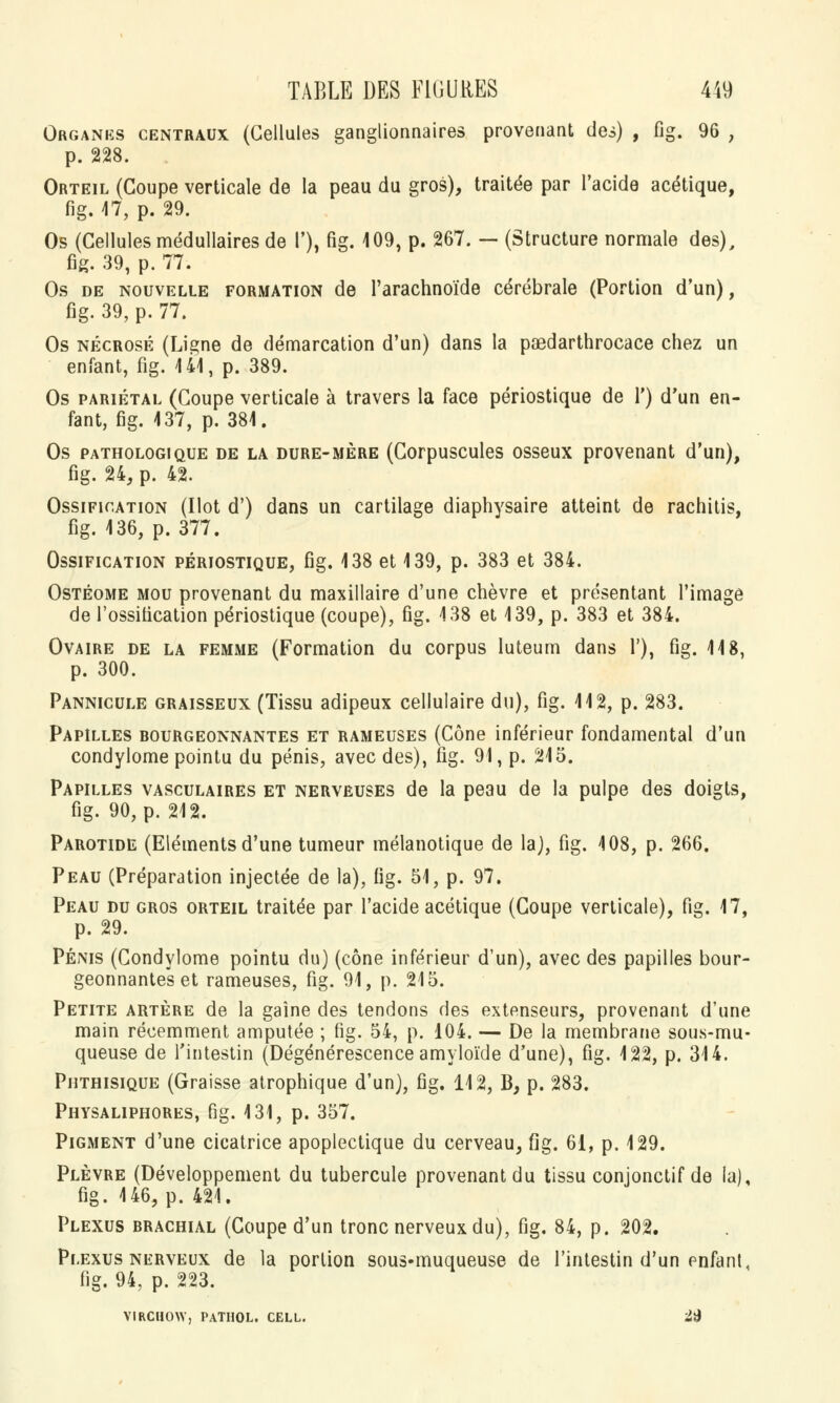 Organes centraux (Cellules ganglionnaires provenant des) , fig. 96 , p. 228. Orteil (Coupe verticale de la peau du gros), traitée par l'acide acétique, fig. 47, p. 29. Os (Cellules médullaires de 1'), fig. 109, p. 267. — (Structure normale des), fig. 39, p. 77. Os de nouvelle formation de l'arachnoïde cérébrale (Portion d'un), fig. 39, p. 77. Os nécrosé (Ligne de démarcation d'un) dans la paedarthrocace chez un enfant, fig. 144, p. 389. Os pariétal (Coupe verticale à travers la face périostique de l') d'un en- fant, fig. 137, p. 381. Os pathologique de la dure-mère (Corpuscules osseux provenant d'un), fig. 24, p. 42. Ossification (Ilot d') dans un cartilage diaphysaire atteint de rachitis, fig. 436, p. 377. Ossification périostique, fig. 138 et 139, p. 383 et 384. Ostéome mou provenant du maxillaire d'une chèvre et présentant l'image de l'ossification périostique (coupe), fig. 4 38 et 139, p. 383 et 384. Ovaire de la femme (Formation du corpus luteum dans 1'), fig. 44 8, p. 300. Pannicule graisseux (Tissu adipeux cellulaire du), fig. 44 2, p. 283. Papilles rourgeonnantes et rameuses (Cône inférieur fondamental d'un condylome pointu du pénis, avec des), fig. 94, p. 245. Papilles vasculaires et nerveuses de la peau de la pulpe des doigts, fig. 90, p. 242. Parotide (Eléments d'une tumeur mélanotique de la), fig. 408, p. 266. Peau (Préparation injectée de la), fig. 51, p. 97. Peau du gros orteil traitée par l'acide acétique (Coupe verticale), fig. 17, p. 29. Pénis (Condylome pointu du) (cône inférieur d'un), avec des papilles bour- geonnantes et rameuses, fig. 91, p. 245. Petite artère de la gaine des tendons des extenseurs, provenant d'une main récemment amputée ; fig. 54, p. 104. — De la membrane sous-mu- queuse de l'intestin (Dégénérescence amyloïde d'une), fig. 122, p. 34 4. Puthisique (Graisse atrophique d'un), fig. 142, B, p. 283. Physaliphores, fig. 434, p. 357. Pigment d'une cicatrice apoplectique du cerveau, fig. 61, p. 429. Plèvre (Développement du tubercule provenant du tissu conjonctif de la), fig. 4 46, p. 424. Plexus rrachial (Coupe d'un tronc nerveux du), fig. 84, p. 202. Plexus nerveux de la portion sous-muqueuse de l'intestin d'un enfant, fig. 94, p. 223. VIRCHOW, PATHOL. CELL. iÛ