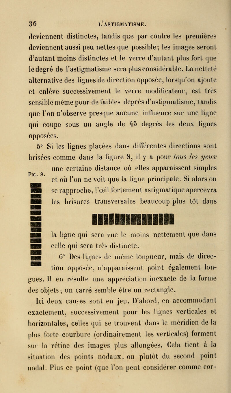 deviennent distinctes, tandis que par contre les premières deviennent aussi peu nettes que possible; les images seront d'autant moins distinctes et le verre d'autant plus fort que le degré de l'astigmatisme sera plus considérable. La netteté alternative des lignes de direction opposée, lorsqu'on ajoute et enlève successivement le verre modificateur, est très sensible même pour de faibles degrés d'astigmatisme, tandis que l'on n'observe presque aucune influence sur une ligne qui coupe sous un angle de /i5 degrés les deux lignes opposées. 5° Si les lignes placées dans différentes directions sont brisées comme dans la figure 8, il y a pour tous les yeux une certaine distance o\i elles apparaissent simples et où Ton ne voit que la ligne principale. Si alors on se rapprocbe, l'œil fortement astigmatique apercevra les brisures transversales beaucoup plus tôt dans FiG. 8. IH la ligne qui sera vue le moins nettement que dans ■■ celle qui sera très distincte. ■B 6° Des lignes de même longueur, mais de direc- tion opposée, n'apparaissent point également lon- gues. Il en résulte une appréciation inexacte de la forme des objets-, un carré semble être un rectangle. Ici deux causes sont en jeu. D'abord, en accommodant exactement, successivement pour les lignes verticales et horizontales, celles qui se trouvent dans le méridien de la plus forte courbure (ordinairement les verticales) forment sur la rétine des images plus allongées. Cela tient à la situation des points nodaux, ou plutôt du second point nodal. Plus ce point (que l'on peut considérer comme cor-