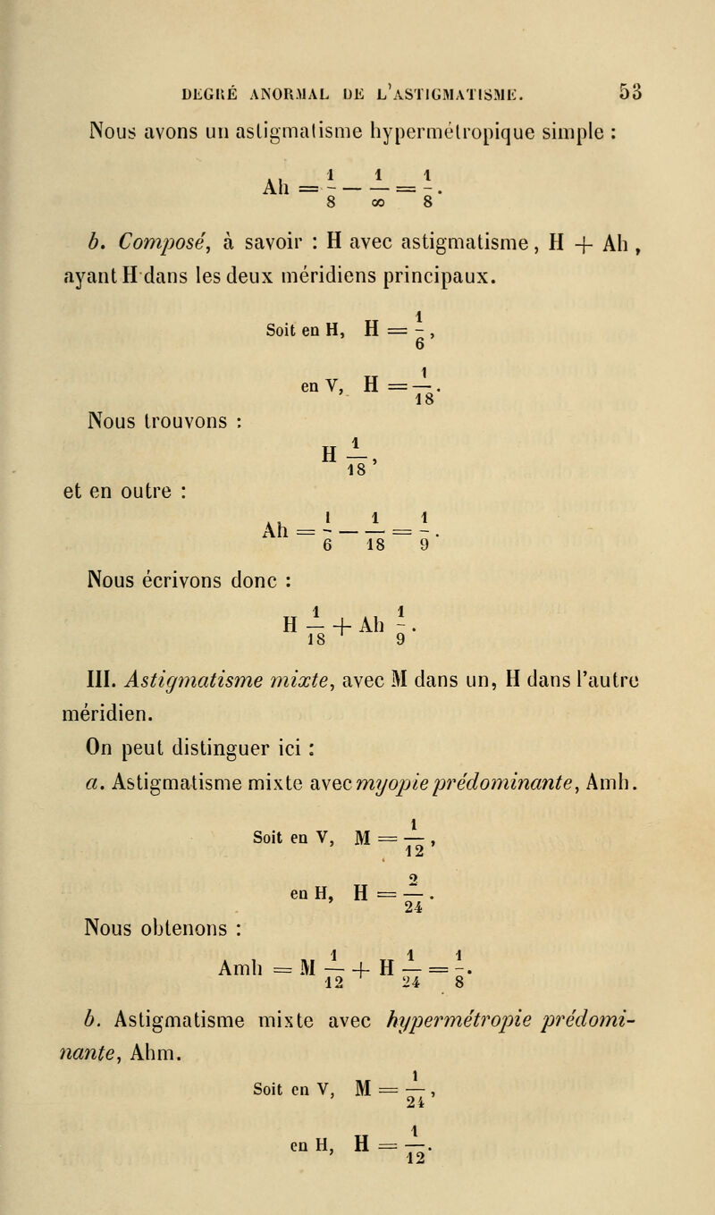 Nous avons un asligmalisme hypermêtropique simple : 111 8 00 8 b. Composé^ à savoir : H avec astigaiatisme, H + Ah , ayant H dans les deux méridiens principaux. Soit en H, H: = 1 6' en V, H = 1 Nous trouvons ' H 1 18' et , en outre : Ah: i 1 ~ 18 = 1 ' 9 ' Nous écrivons donc : H - + Ah 18 ' 1 9 • III. Astigmatisme mixte^ avec M dans un, H dans l'autre méridien. On peut distinguer ici : a. Astigmatisme mixte diNQQ^myojyieprédominante^ Amh. Soit en V, M = — , 12 eaH, H=|. Nous obtenons : Amh =M—+ H- = -, 12 24 8 b. Astigmatisme mixte avec hypermétrojne prédomi^ nante, Ah m. Soit en V, M == — , 24