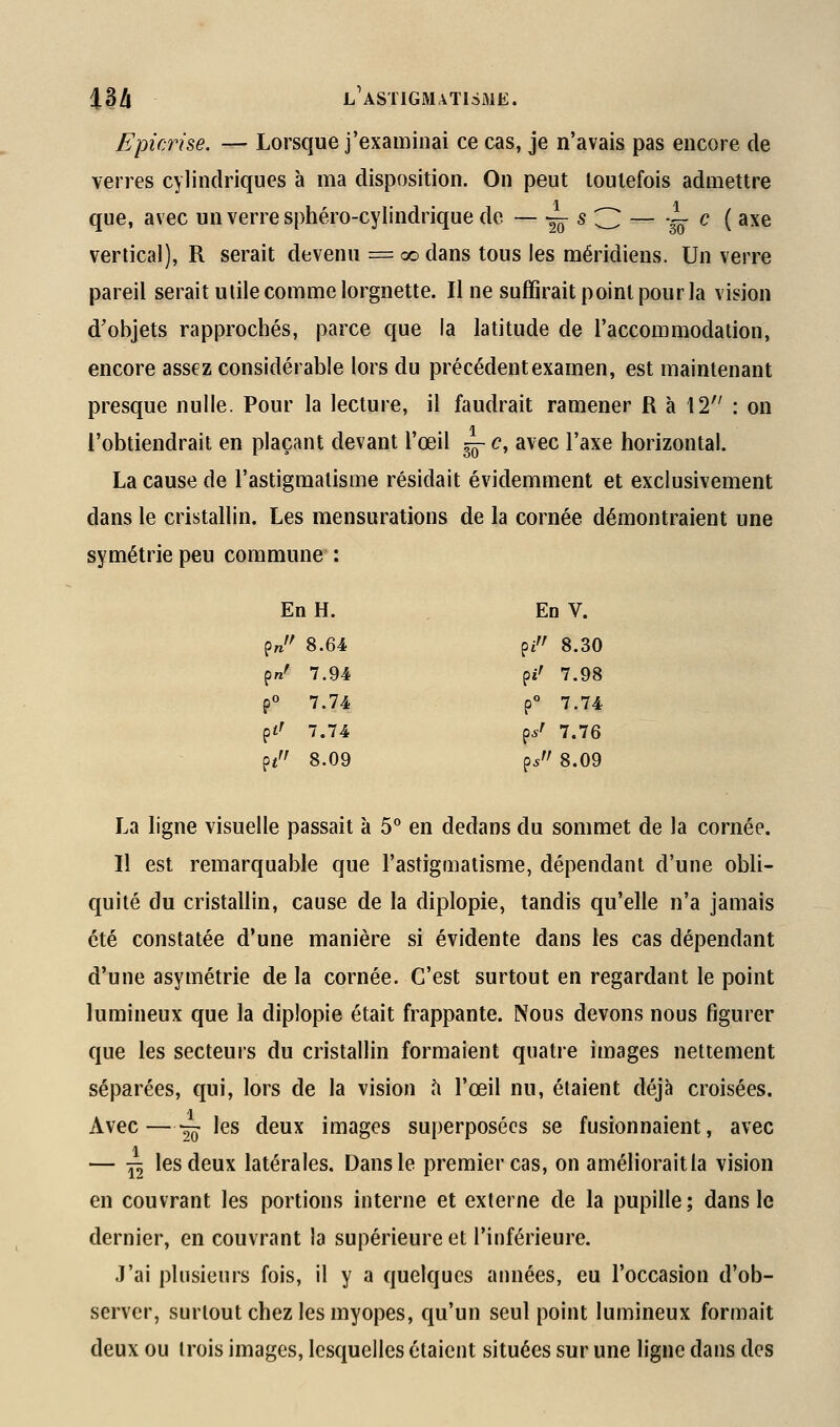 Epicrise. — Lorsque j'examinai ce cas, je n'avais pas encore de verres cylindriques à ma disposition. On peut toutefois admettre que, avec un verre sphéro-cylindrique de — ^ s O — -^ c ( axe vertical), R serait devenu = co dans tous les méridiens. Un verre pareil serait utile comme lorgnette. Il ne suffirait point pour la vision d'objets rapprochés, parce que la latitude de l'accommodation, encore assez considérable lors du précédent examen, est maintenant presque nulle. Pour la lecture, il faudrait ramener R à 12 : on l'obtiendrait en plaçant devant l'œil ^ c, avec l'axe horizontal. La cause de l'astigmatisme résidait évidemment et exclusivement dans le cristallin. Les mensurations de la cornée démontraient une symétrie peu commune : En H. ^n 8.64 P«' 7.94 f 7.74 çtr 7.74 ^t 8.09 En V. p/^ 8.30 9i' 7.98 f 7.74 çsr 7.76 ^s 8.09 La ligne visuelle passait k 5° en dedans du sommet de la cornée. Il est remarquable que l'astigmatisme, dépendant d'une obli- quité du cristallin, cause de la diplopie, tandis qu'elle n'a jamais été constatée d'une manière si évidente dans les cas dépendant d'une asymétrie de la cornée. C'est surtout en regardant le point lumineux que la diplopie était frappante. Nous devons nous figurer que les secteurs du cristallin formaient quatre images nettement séparées, qui, lors de la vision h l'œil nu, étaient déjà croisées. Avec—-^ les deux images superposées se fusionnaient, avec — -^2 les deux latérales. Dans le premier cas, on amélioraitla vision en couvrant les portions interne et externe de la pupille; dans le dernier, en couvrant la supérieure et l'inférieure. J'ai plusieurs fois, il y a quelques années, eu l'occasion d'ob- server, surtout chez les myopes, qu'un seul point lumineux formait deux ou trois images, lesquelles étaient situées sur une ligne dans des