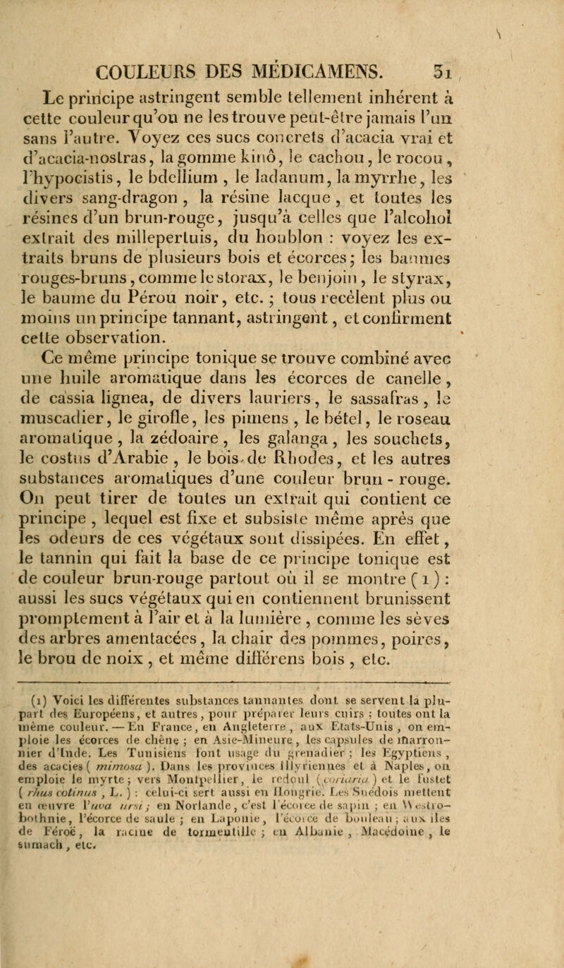 Le principe astringent semble tellement inhérent à cette couleur qu'on ne les trouve peut-être jamais l'un sans l'autre. Voyez ces sucs concrets d'acacia vrai et d'acacia-nostras, la gomme kinô, le cachou, le rocou , Thypocistis, le bdeliium , le lad an mri, la myrrhe, les divers sang-dragon , la résine lacque , et toutes les résines d'un brun-rouge, jusqu'à celles que l'alcohoi extrait des millepertuis, du houblon : voyez les ex- traits bruns de plusieurs bois et écorces; les bannies rouges-bruns, comme le storax:, le benjoin , le styrax, le baume du Pérou noir, etc. ; tous recèlent plus ou moins un principe tannant, astringent, et confirment cette observation. Ce même principe tonique se trouve combiné avec une huile aromatique dans les écorces de caneile, de cassia lignea, de divers lauriers, le sassafras , le muscadier, le girofle, les pimens , le bétel, le roseau aromatique , la zédoaire , les gaîanga , les souchets, le costus d'Arabie , le bois-de Rhodes, et les autres substances aromatiques d'une couleur brun - rouge. On peut tirer de toutes un extrait qui contient ce principe , lequel est fixe et subsiste même après que les odeurs de ces végétaux sont dissipées. En effet, le tannin qui fait la base de ce principe tonique est de couleur brun-rouge partout où il se montre ( 1 ) : aussi les sucs végétaux qui en contiennent brunissent prompte ment à l'air et à la lumière , comme les sèves des arbres amentacées, la chair des pommes, poires, le brou de noix , et même différens bois , etc. (i) Voici les différentes substances tannantes dont se servent la plu- part des Européens, et autres, pour préparer leurs cuirs ; toutes ont la même couleur. — En France, en Angleterre, aux Etats-Unis, on em- ploie les écorces de chêne; en Asie-Mineure , les capsules de marron- nier d'Inde. Les Tunisiens l'ont usage du grenadier; les Egyptiens, des acacies( mimosa ). Dans les provinces illyrienues et à Naples,on emploie le myrte; vers Montpellier, le redouj Lço/ïari.a ) et le fustet ( rhua colin us , L. ) : celui-ci sert aussi en Hongrie'. Les Suédois mettent eu œuvre Vuva ursij en Norlande, c'est L'écoree de sapin ; en \\. itrp- bothnte, l'écoree de saule ; en Laponie, l*écôrcê de bouleau; aux i\a de Eéroe, la racine de tormeu. tille ; en Albanie, Macédoine, le suiiidcli , etc.