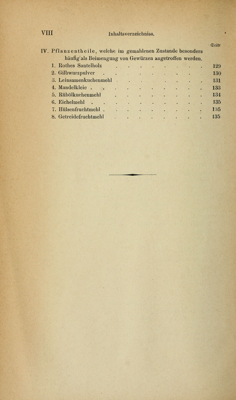 ©eite IV. Pflanzentheile, welche im gemahlenen Zustande besonders häufig als Beimengung von Gewürzen angetroffen werden. 1. Rothes Santelholz 129 2. Gilbwurzpulver 130 3. Leinsamenkuchenmehl 131 4. Mandelkleie 133 5. Rübölku(;henmehl ........ 134 6. Eichelmehl 135 7. Hülsenfruchtmehl . ........ 135 8. Getreidefruchtmehl 135