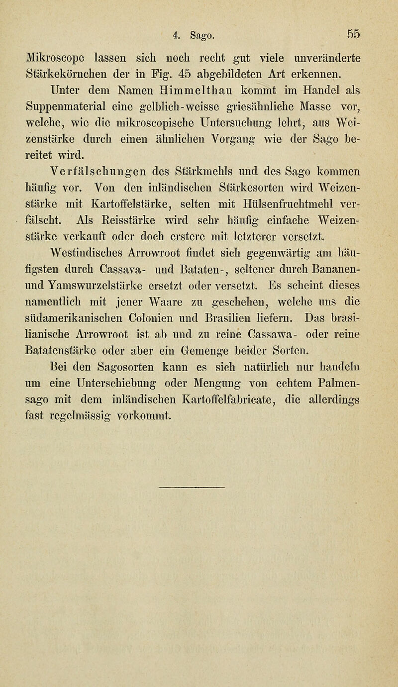 Mikroscope lassen sich noch recht gut viele unveränderte Stärkekörnchen der in Fig. 45 abgebildeten Art erkennen. Unter dem Namen Himmelthau kommt im Handel als Suppenmaterial eine gelblich-v^eisse griesähnliehe Masse vor, welche, v^ie die mikroscopische Untersuchung lehrt, aus Wei- zenstärke durch einen ähnlichen Vorgang wie der Sago be- reitet wird. Verfälschungen des Stärkmehls und des Sago kommen häufig vor. Von den inländischen Stärkesorten wird Weizen- stärke mit Kartoifelstärke, selten mit Hülsenfruchtmehl ver- fälscht. Als Eeisstärke wird sehr häufig einfache Weizen- stärke verkauft oder doch erstere mit letzterer versetzt. Westindisches Arrowroot findet sich gegenwärtig am häu- figsten durch Cassava- und Bataten-, seltener durch Bananen- und Yamswurzelstärke ersetzt oder versetzt. Es scheint dieses namentlich mit jener Waare zu geschehen, welche uns die südamerikanischen Colonien und Brasilien liefern. Das brasi- lianische Arrowroot ist ab und zu reine Cassawa- oder reine Batatenstärke oder aber ein Gemenge beider Sorten. Bei den Sagosorten kann es sich natürlich nur handeln um eine Unterschiebung oder Mengung von echtem Palmen- sago mit dem inländischen Kartoffelfabricate, die allerdings fast regelmässig vorkommt.
