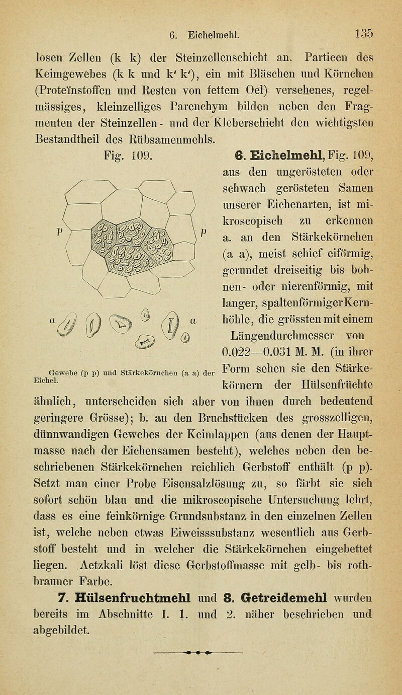 losen Zellen (k k) der Steinzellenscliicht an. Partieen des Keimgewebes (k k und k' k'), ein mit Bläschen und Körnchen (Proteinstoffen und Resten von fettem Oel) versehenes, regel- mässig-es, kleinzelliges Parenchym bilden neben den Frag- menten der Steinzellen - und der Kleberschicht den wichtigsten Bestandtheil des Rübsamenmehls. Fig. 109. 6. Eichelmehl, Fig. 109, aus den ungerösteten oder schwach gerösteten Samen unserer Eichenarten, ist mi- kroseopisch zu erkennen a. an den Stärkekörnchen (a a), meist schief eiförmig, gerundet dreiseitig bis boh- nen- oder nierenförmig, mit langer, spaltenförmigerKern- höhle, die grössten mit einem Längendurchmesser von 0.022—0.031 M. M. (in ihrer Form sehen sie den Stärke- körnern der Hülsenfrüchte ähnlich, unterscheiden sieh aber von ihnen durch bedeutend geringere Grösse); b. an den Bruchstücken des grosszelligen, dünnwandigen Gewebes der Keimlappen (aus denen der Haupt- masse nach der Eichensamen besteht), welches neben den be- schriebenen Stärkekörnchen reichlich Gerbstoff enthält (p p). Setzt man einer Probe Eisensalzlösung zu, so färbt sie sich sofort schön blau und die mikroscopische Untersuchung lehrt, dass es eine feinkörnige Grundsubstanz in den einzelnen Zellen ist, welche neben etwas Eiweisssubstanz wesentlich aus Gerb- stoff besteht und in welcher die Stärkekörnchen eingebettet liegen. Aetzkali löst diese Gerbstoffmasse mit gelb- bis roth- brauner Farbe. 7. Hülsenfruchtmehl und 8. Getreidemehl wurden bereits im Abschnitte I. 1. und 2. näher beschrieben und abgebildet. Gewebe (p p) und Stärkekörnchen (a a) der Eichel.