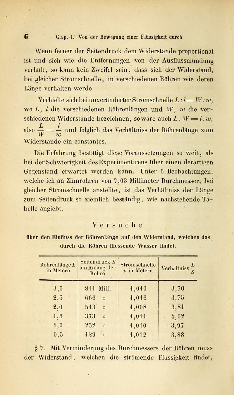 Wenn ferner der Seitendruck, dem Widerstände proportional ist und sich wie die Entfernungen von der Ausflussmündung verhält, so kann kein Zweifel sein, dass sich der Widerstand, bei gleicher Stromschnelle, in verschiedenen Röhren wie deren Länge verhalten werde. Verhielte sich bei unveränderter Stromschnelle L : 1= W: w, wo L, l die verschiedenen Röhrenlängen und W, w die ver- schiedenen Widerstände bezeichnen, so wäre auch L : W= l:w, also —■ — — und folglich das Verhältniss der Röhrenlänge zum W w Widerstände ein constantes. Die Erfahrung bestätigt diese Voraussetzungen so weit, als bei der Schwierigkeit desExperimentirens über einen derartigen Gegenstand erwartet werden kann. Unter 6 Reobachtungen, welche ich an Zinnröhren von 7,03 Millimeter Durchmesser, bei gleicher Stromschnelle anstellte, ist das Verhältniss der Länge zum Seitendruck so ziemlich beständig, wie nachstehende Ta- belle angiebt. Versuche über den Einfluss der Röhrenlänge auf den Widerstand, welchen das durch die Röhren fliessende Wasser findet. Röhrenlänge L in Metern 3,0 2,5 2,0 1,5 1,0 0,5 Seitendruck S am Anfang der Röhre 811 Mil 666 » 513 » 373 » 252 » 129 » Stromschnelle v in Metern 1,010 1,016 1,008 1,011 1,010 1,012 Verhältniss 3,70 3,75 3,81 4,02 3,97 3,88 § 7. Mit Verminderung des Durchmessers der Röhren muss der Widerstand, welchen die strömende Flüssigkeit findet,