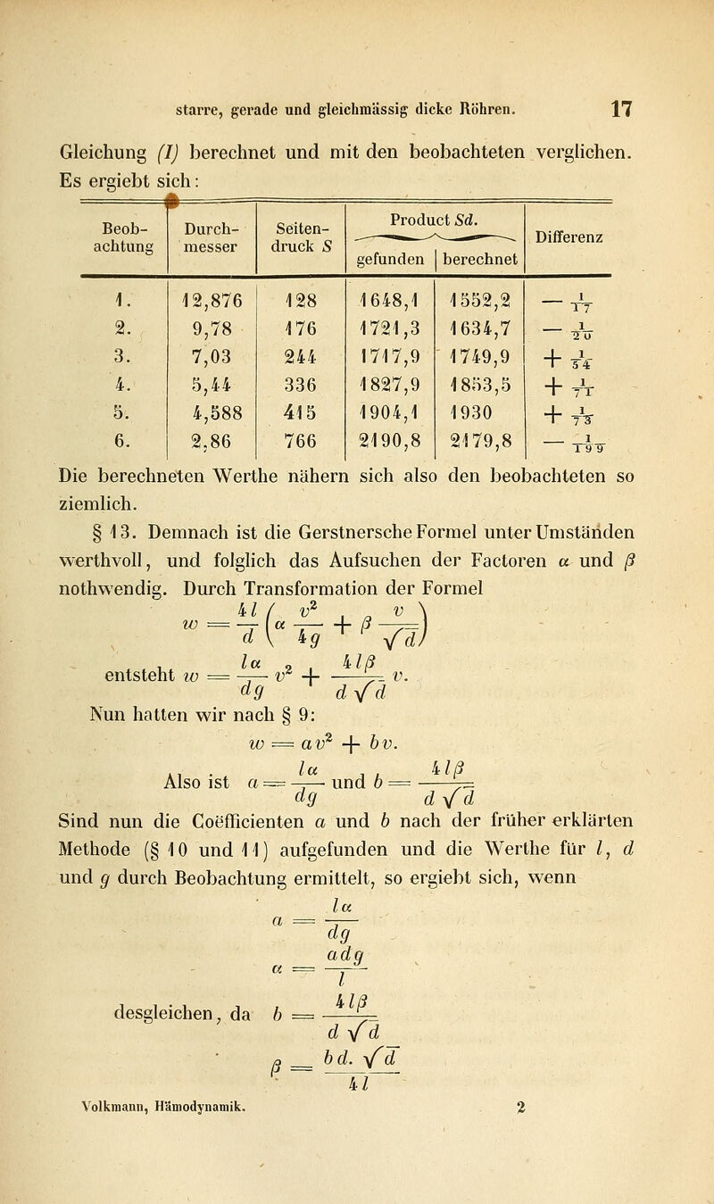 Gleichung (I) berechnet und mit den beobachteten verglichen. Es ergiebt sich: = Beob- achtung 1 — Durch- messer Seiten- druck S Produ gefunden et Sd. berechnet Differenz \. 12,876 428 4 648,4 1552,2 TT 2. 9,78 4 76 4724,3 1634,7 i 3. 7,03 244 1747,9 1749,9 +:'A 4. 5,44 336 4 827,9 1853,5 + TT 5. 4,588 415 4904,4 1930 + tV 6. 2,86 766 2190,8 2179,8 1 Die berechneten Werthe nähern sich also den beobachteten so ziemlich. § 13. Demnach ist die Gerstnersche Formel unter Umständen werthvoll, und folglich das Aufsuchen der Factoren a und ß nothwendig. Durch Transformation der Formel entsteht iF + ^Tl) tlß V. Also ist a = und b _Uß_ d -\fc dyfd Nun hatten wir nach § 9: w = av% + bv. la dg Sind nun die Coefficienten a und b nach der früher erklärten Methode (§ 10 und 4 4) aufgefunden und die Werthe für /, d und g durch Beobachtung ermittelt, so ergiebt sich, wenn la a == -— dg adq =i desgleichen; da b = y=. d yd o __ bd. v^rf ~Tl '• Volkmann, Hämodynamik. %